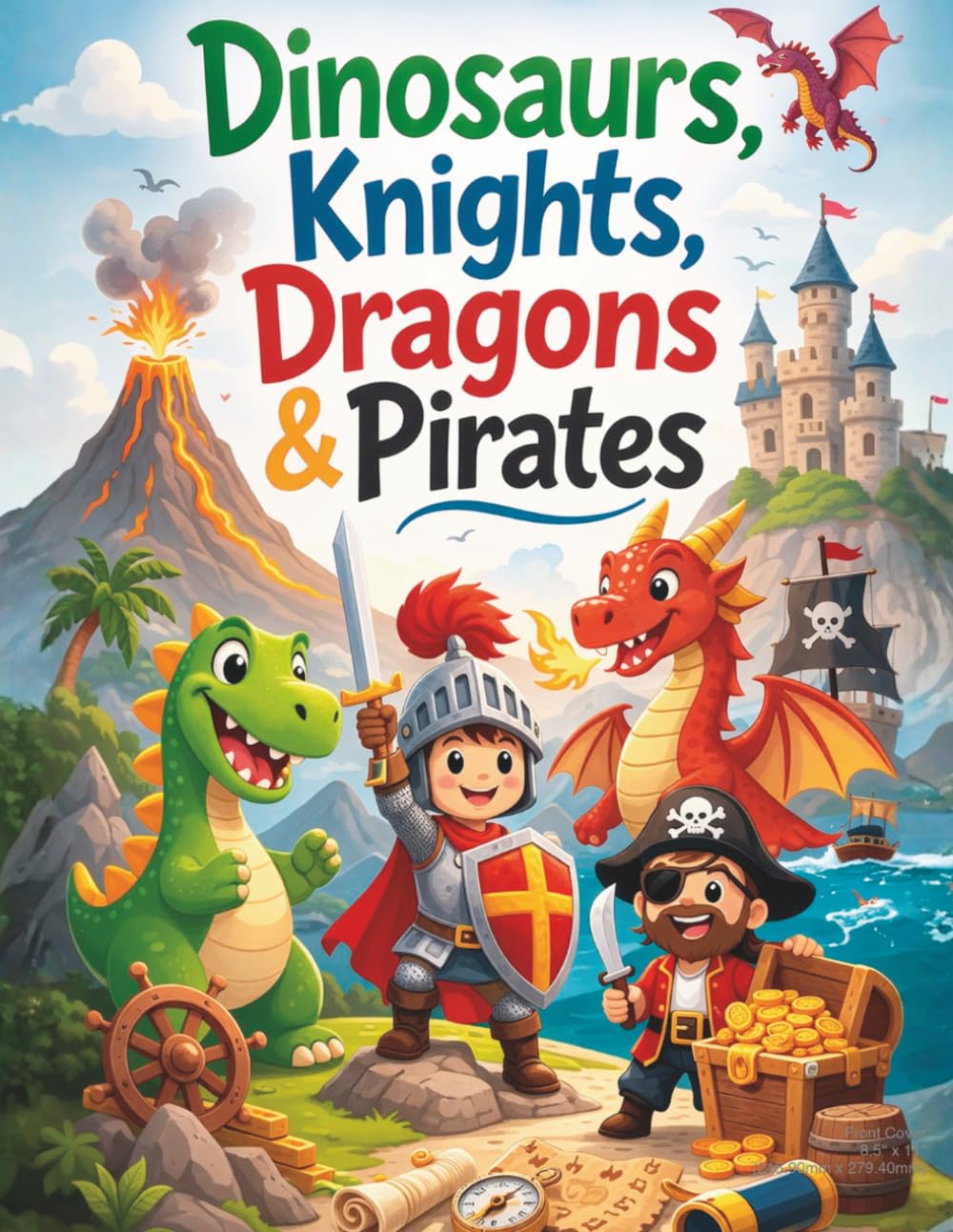 Dinosaurs, Knights, Dragons & Pirates Coloring Book for Kids Ages 4–8: Fun Fantasy Coloring Adventure with Dinosaurs, Medieval Knights, Dragons and Pirates