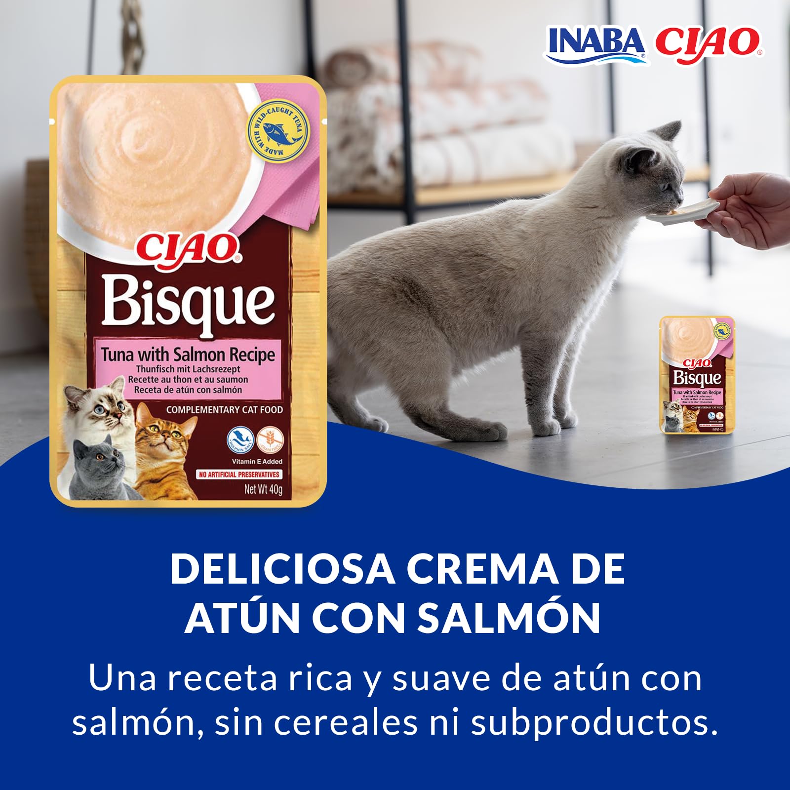INABA Ciao Bisque - Puré Saludable para Gatos - Receta de Atún y Salmón - Snacks Saludables - Premios Sin Cereales, Sin Conservantes, Sin Colorantes - Sólo 16 Calorías - 40g