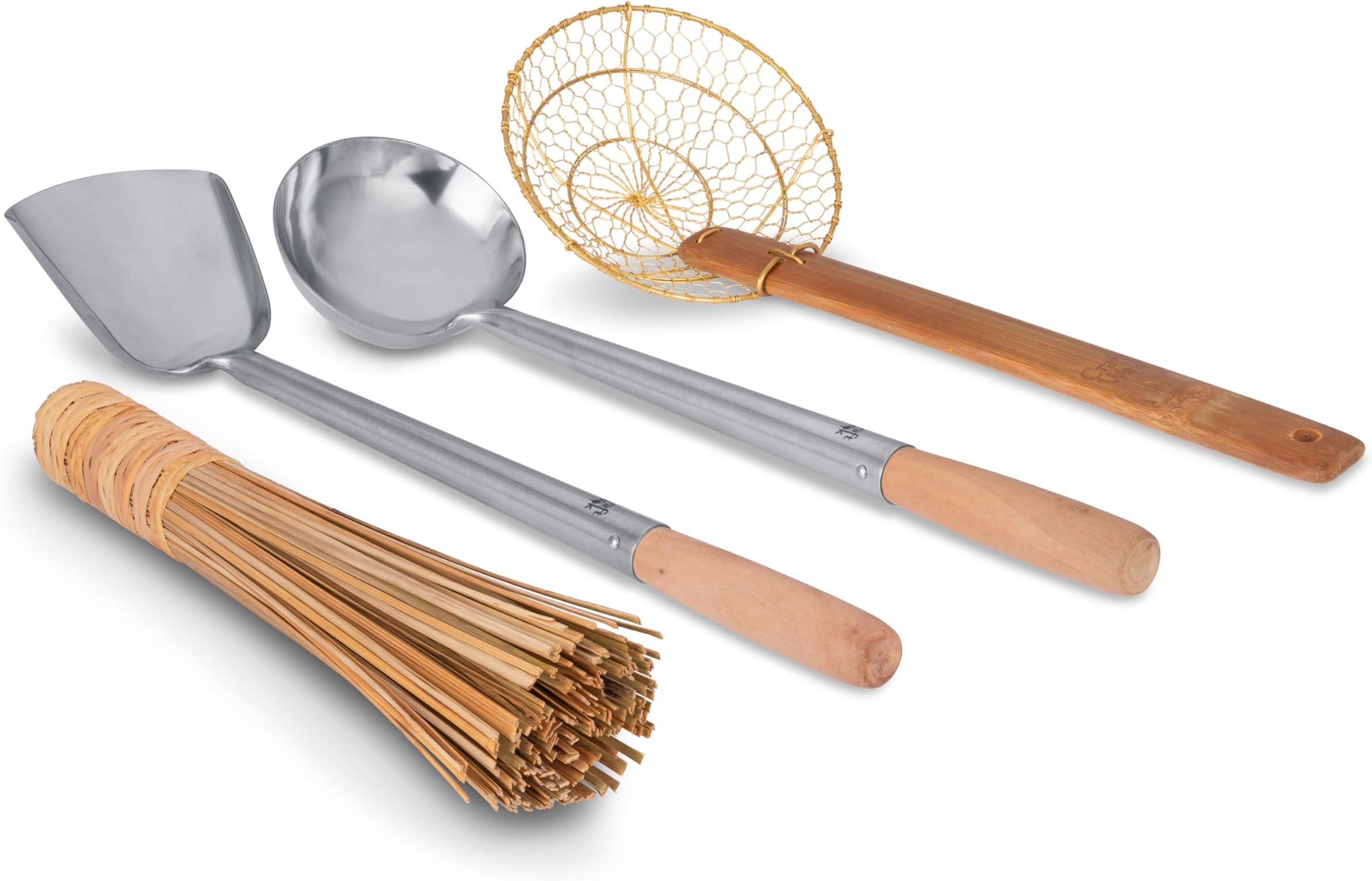 Tools 4 pcs Set: Ladle, Spatula, Strainer, Bamboo Brush/Utensils Traditional Asian Cookware with Wooden Handles / 732W9
