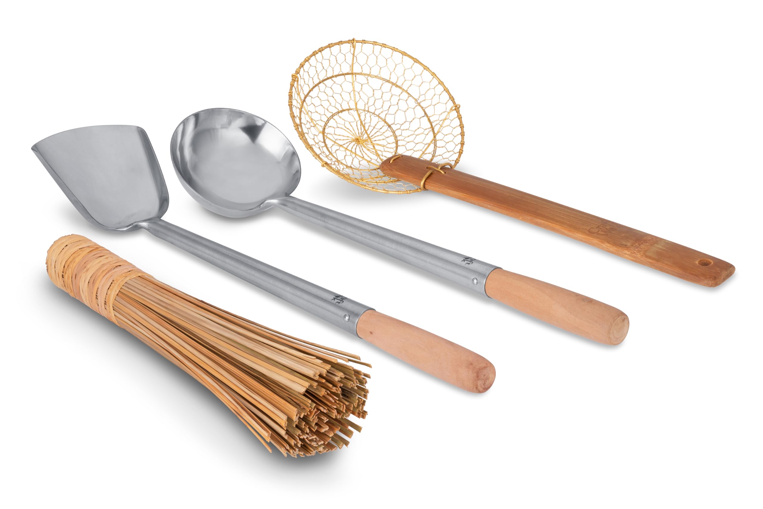 Craft WokTools 4 pcs Set: Ladle, Spatula, Strainer, Bamboo Brush/Utensils Traditional Asian Cookware with Wooden Handles / 732W9