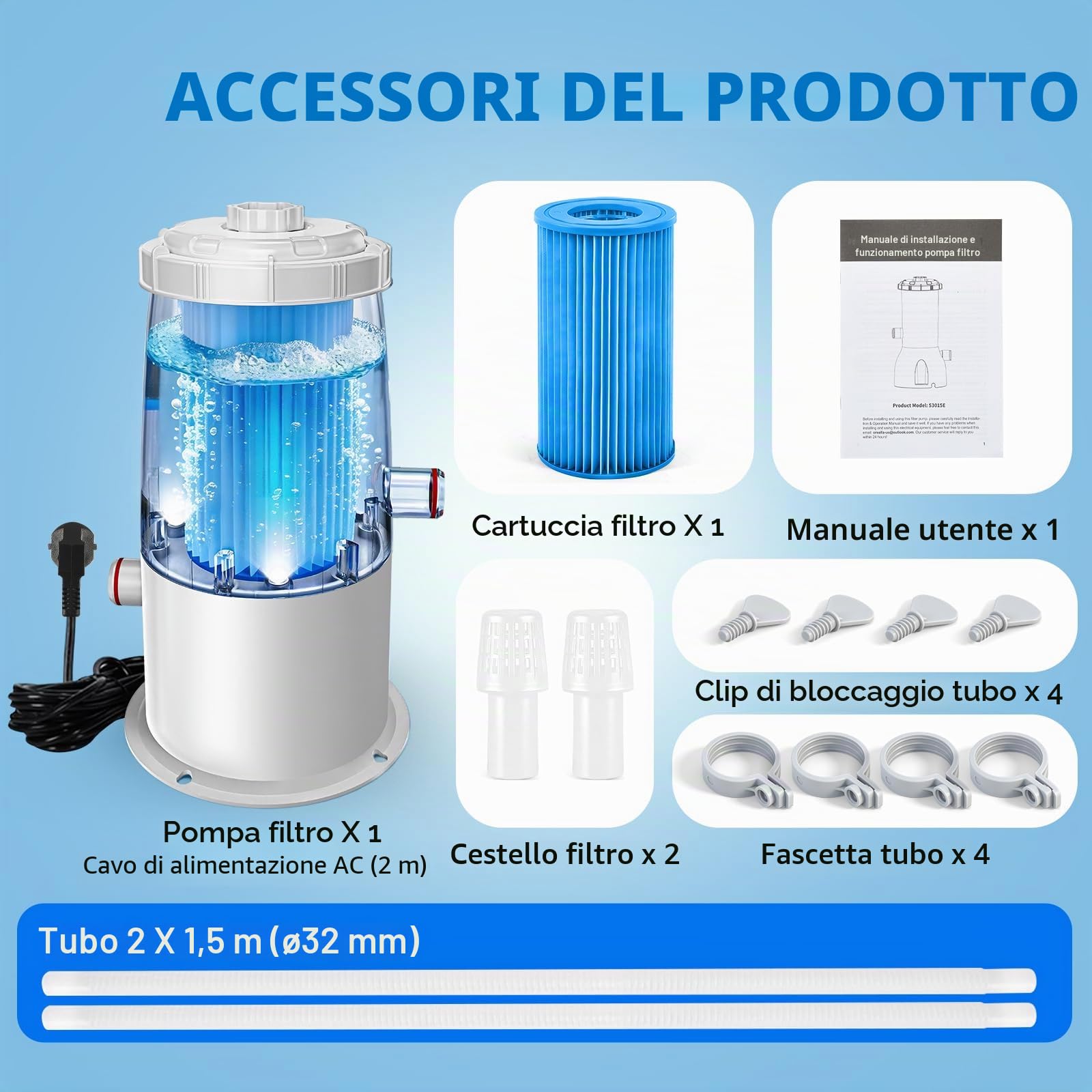 Pompa Filtro Piscina Fuori Terra - Kit Completo Pompa Piscina 90W 3785L/H con Filtro a Cartuccia, Basso Consumo e Facile Installazione per Piscina Piccola