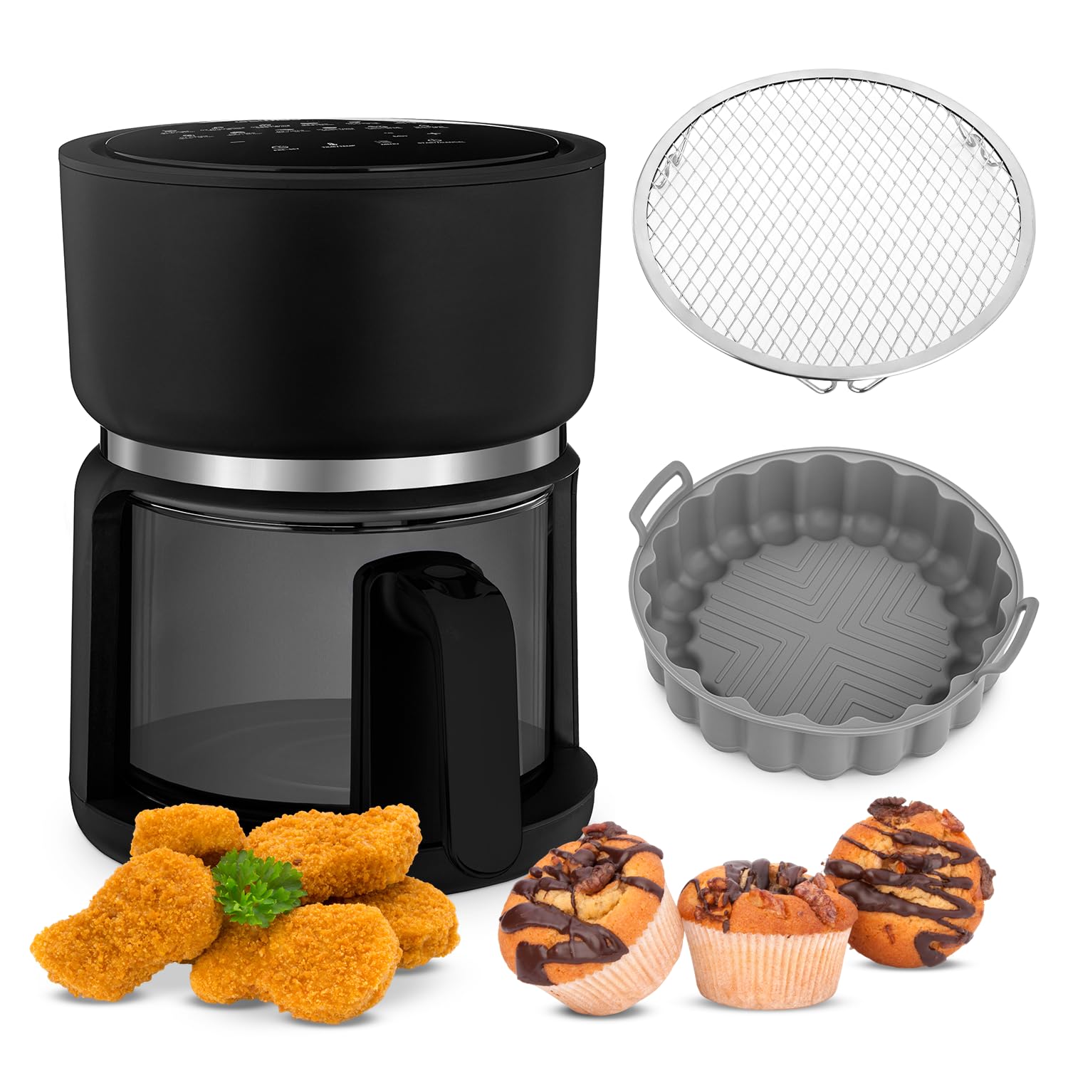 4SWISS Pure Glass – Fettfreie Heißluftfritteuse mit Glasschublade, Top Hygiene System, 12 Programme, energieeffizient und stilvoll – Perfekt für gesundes und modernes Kochen