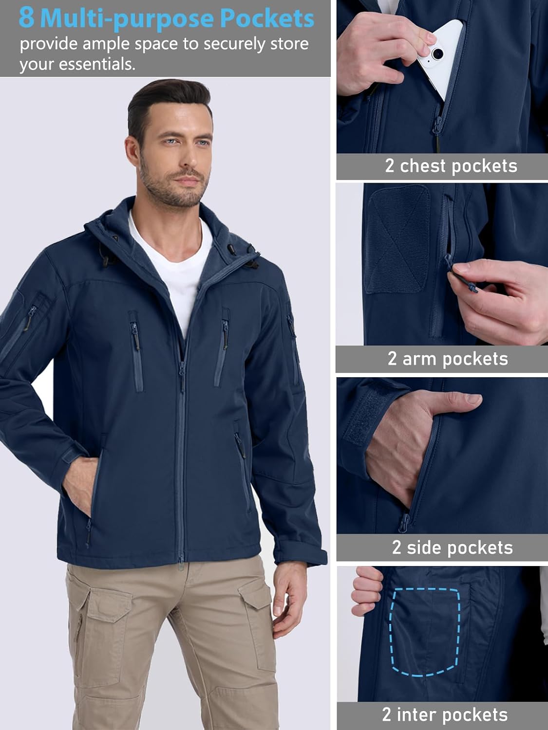 NAVEKULL Men's Tactical Jacket Waterproof Softshell Fleece Lined Hooded Coats Outdoor Hiking Windbreaker - Image 3