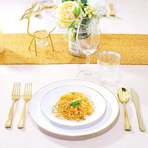 Miniatura 7 de Nervure Platos de plástico para 30 comensales, color negro con borde dorado y cuchillería de plástico dorado con mango negro Vajilla de plástico