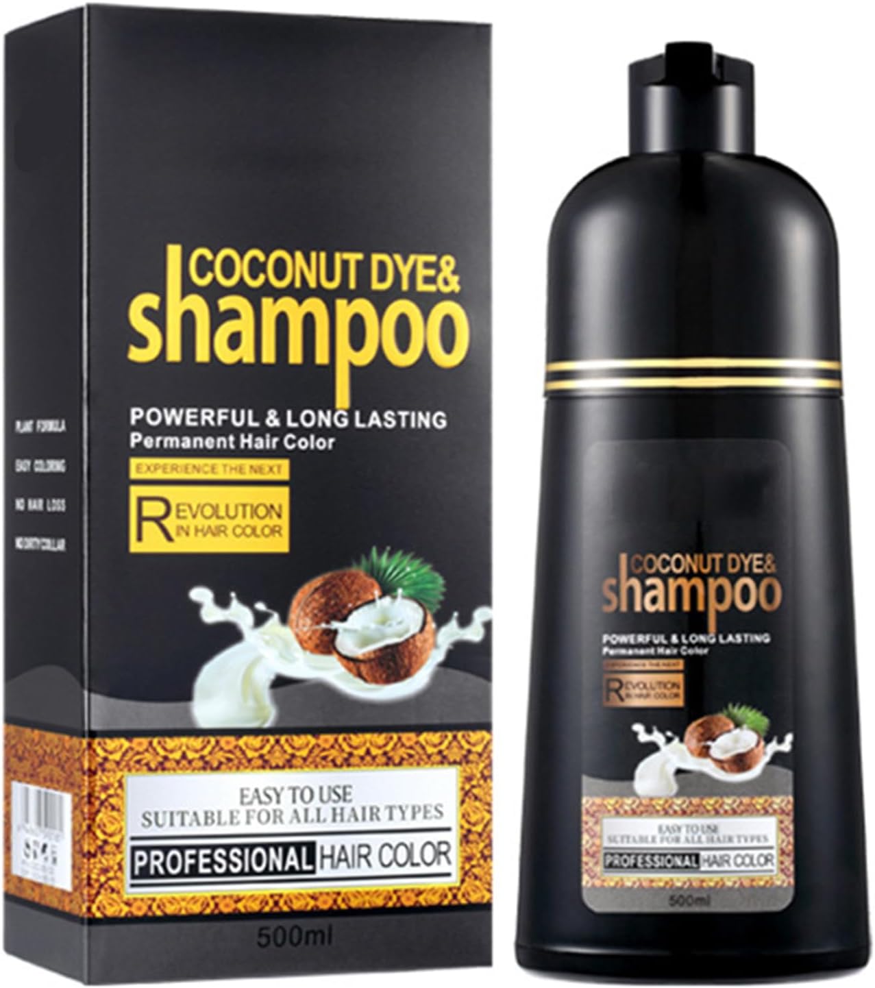 Hair Dye Shampoo, Instant Black Dye, Natural Plant Ingredients, Coconut Oil, Black Cover, Fast , Long Lasting Color Shampoo, Direct Hair Dye Shampoo, Organic Hair Dye