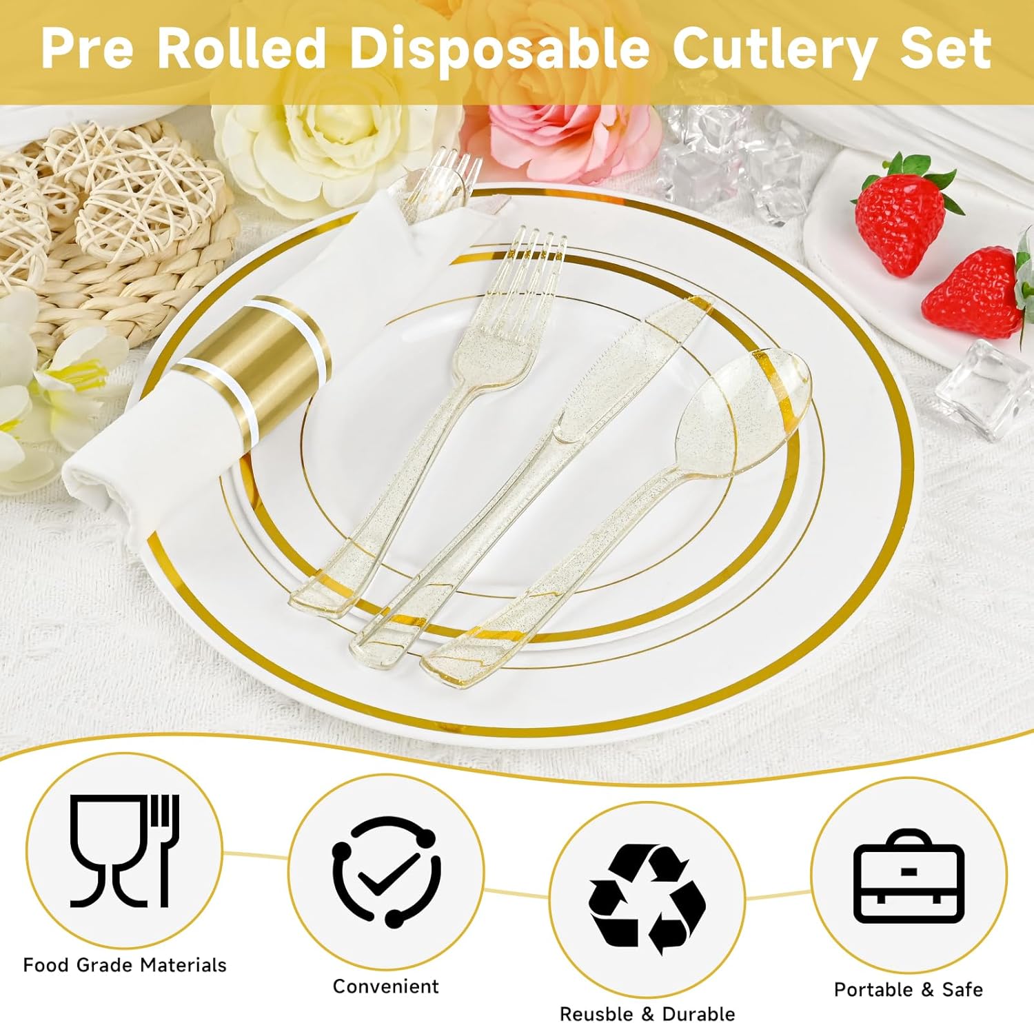 100 Pack Pre Rolled Gold Glitter Plastic Silverware Set, Heavy Duty Disposable Cutlery with 100 Forks, 100 Knives, 100 Spoons and Napkins, Wrapped Utensils for Parties Weddings Events