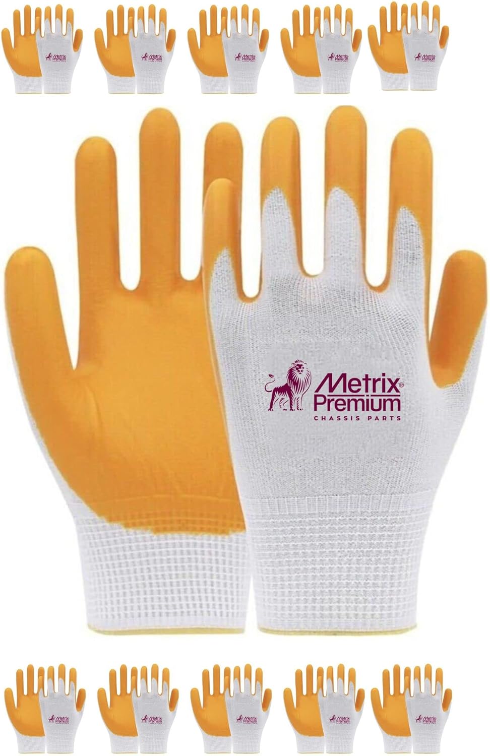 METRIX PREMIUM CHASSIS PARTS All Purpose Industrial Safety Work Gloves, Gold Yellow, MicroFoam Nitrile Coated 10 Pairs, Seamless Knit Nylon