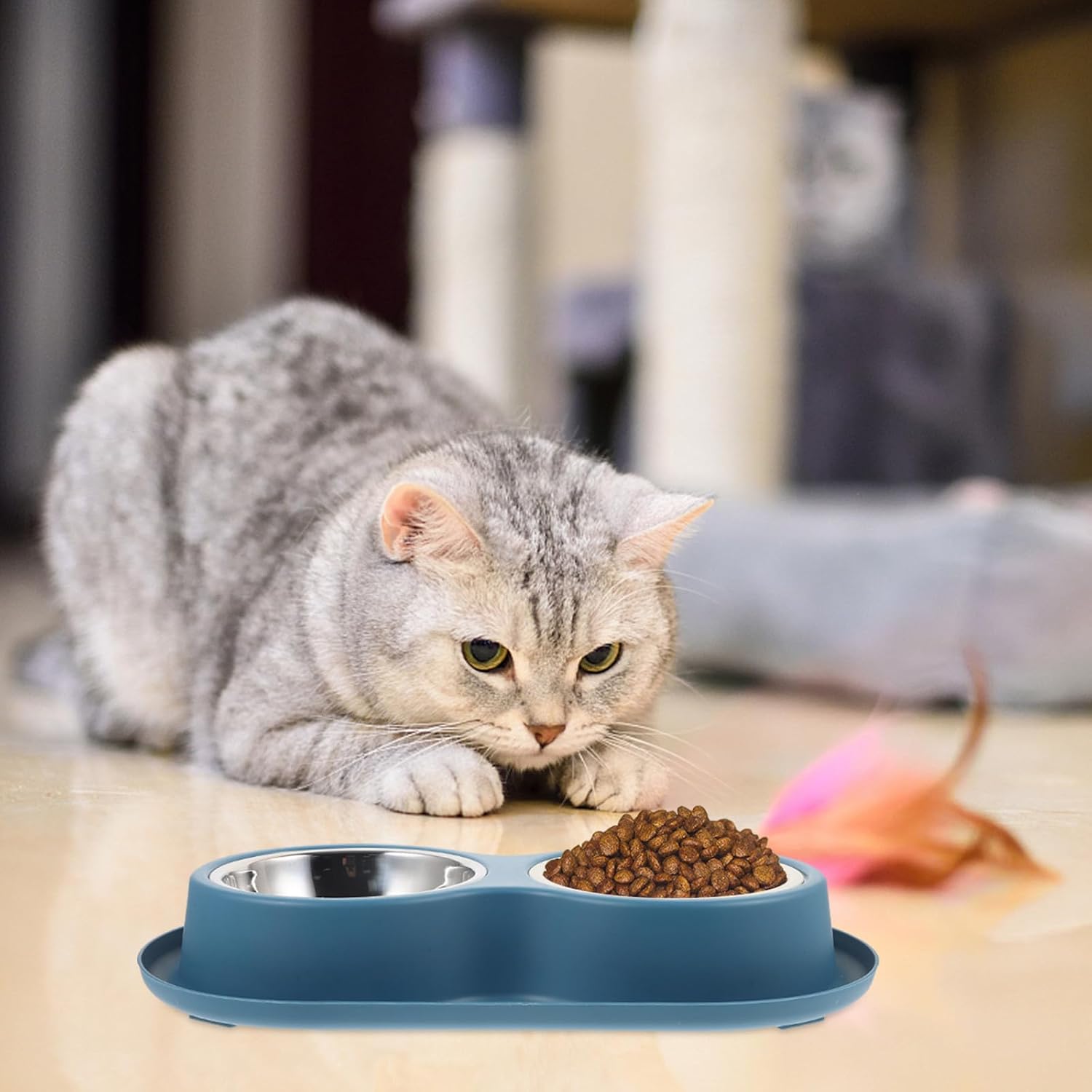 Healifty Slow Feeder Cat Bowl Double Stainless Steel Pet Bowls with Nonslip Base and Slow Feeding Design for Cats and Pets to Prevent Choking and Spilling