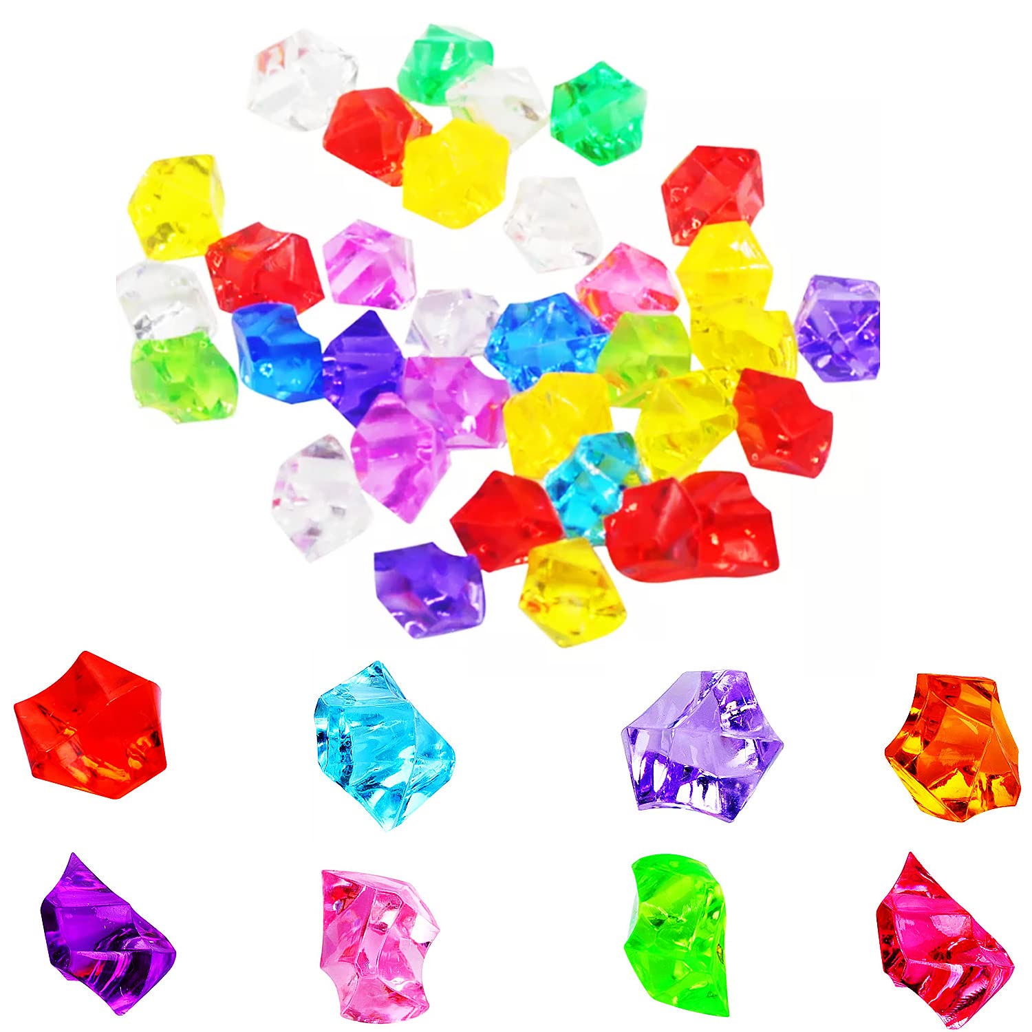 Fworld Multicolored Fake Crushed Ice Rocks, 120 PCS Fake Diamonds Plastic Ice Cubes Acrylic Clear Ice Rock Diamond Crystals Fake Ice Cubes Gems for Decoration Wedding Display Vase Fillers (60pcs)