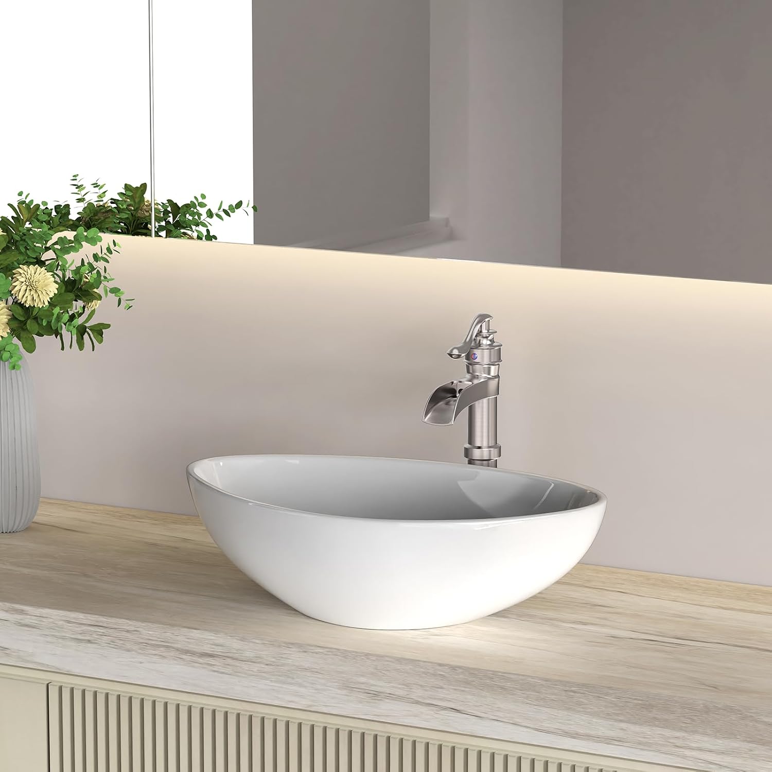 Vessel Sink Faucet, Brushed Nickel Bathroom Waterfall Sink Faucet Tall Bathroom Single Handle 1 Hole Lavatory Commercial Vanity Mixer Tap with Pop Up Drain Without Overflow Supply Line