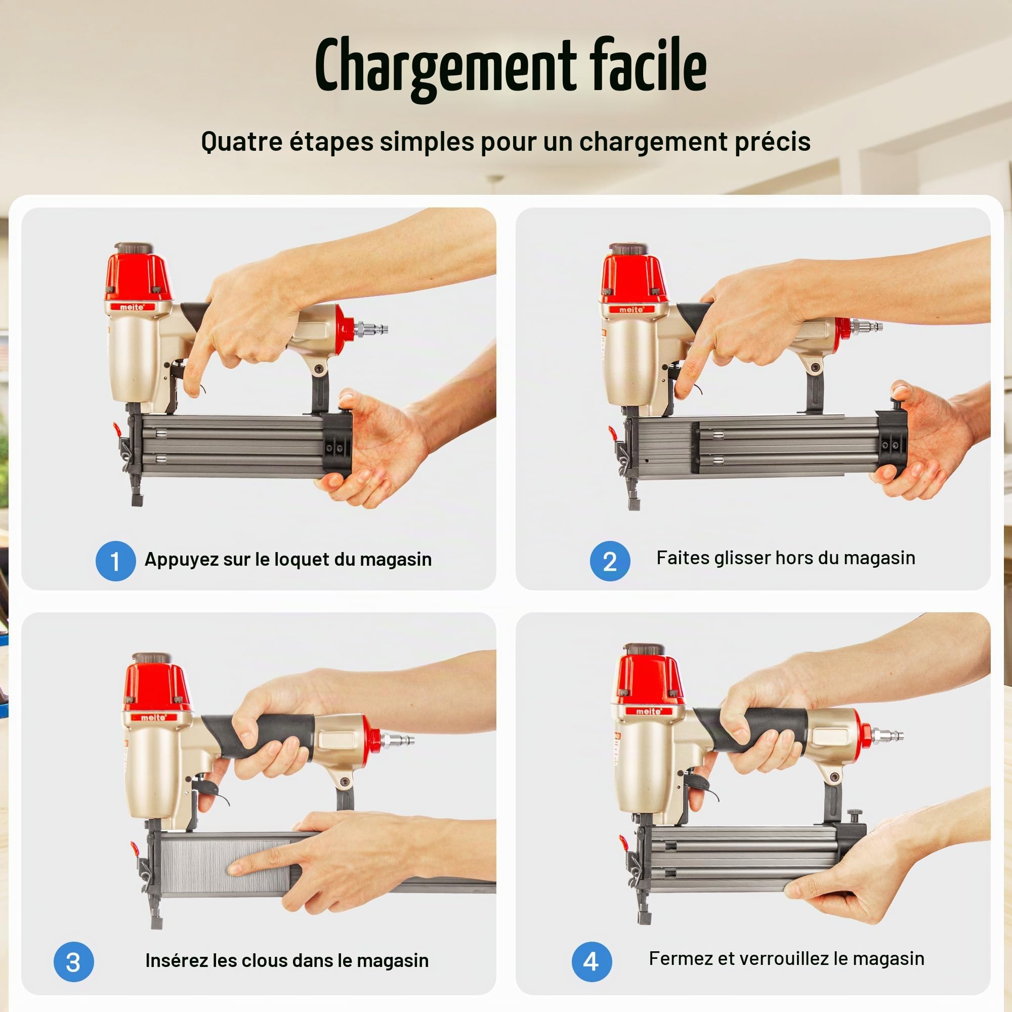 meite F50C Cloueuse Pneumatique 18GA avec Nez de Sécurité– Pour Clous Brad Type 18G de 15 à 50 mm – Cloueuse de Finition Pneumatique pour Menuiserie et Travaux de Précision