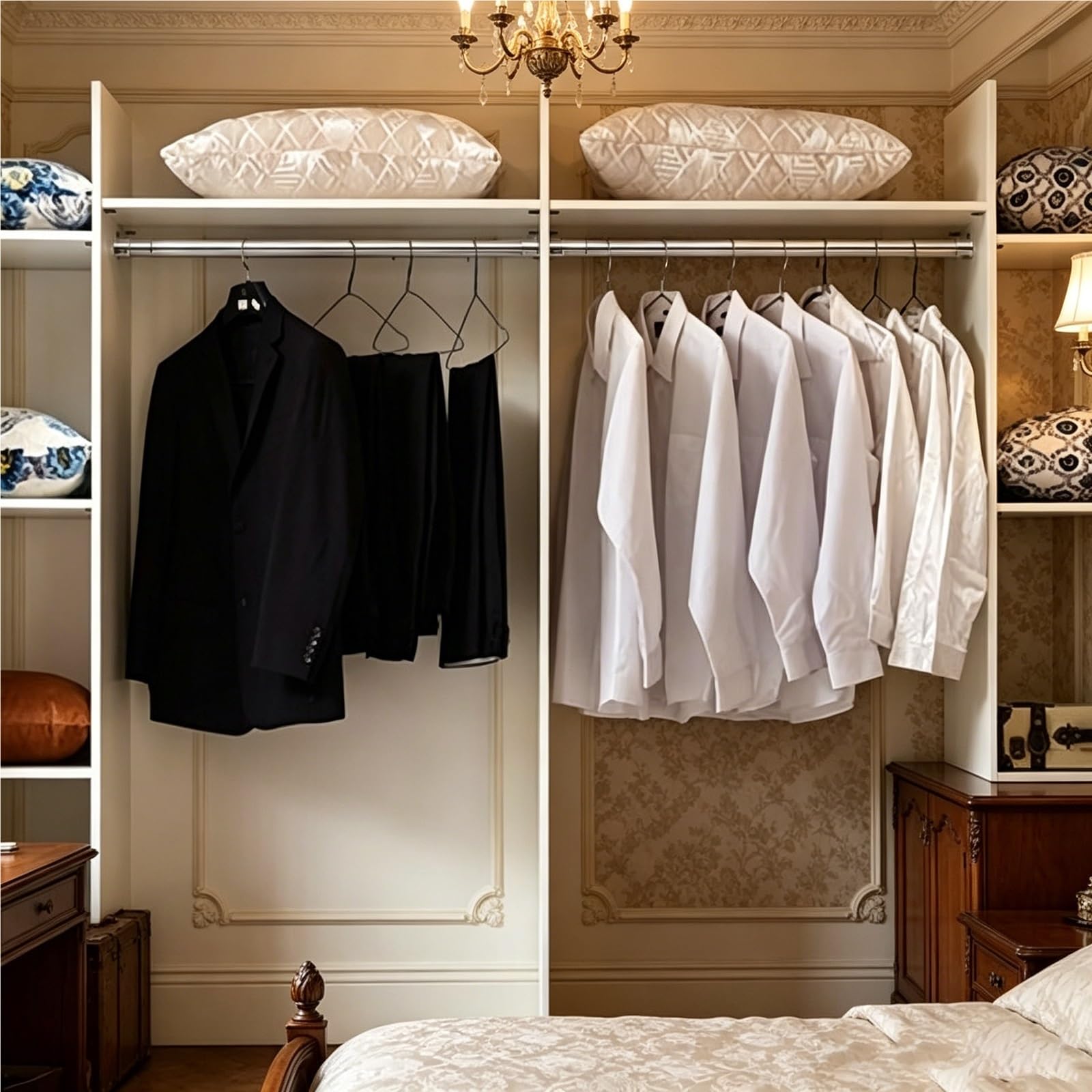 TYNGBT Adjustable Closet Hanging Rod, Telescopic Wardrobe Pole with Flange Base and Screws, for Home Clothing Storage