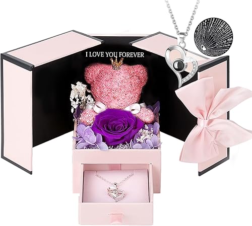 ASELFAD Regalos para mamá, novia, esposa, oso eterno, flores preservadas con collar, color morado