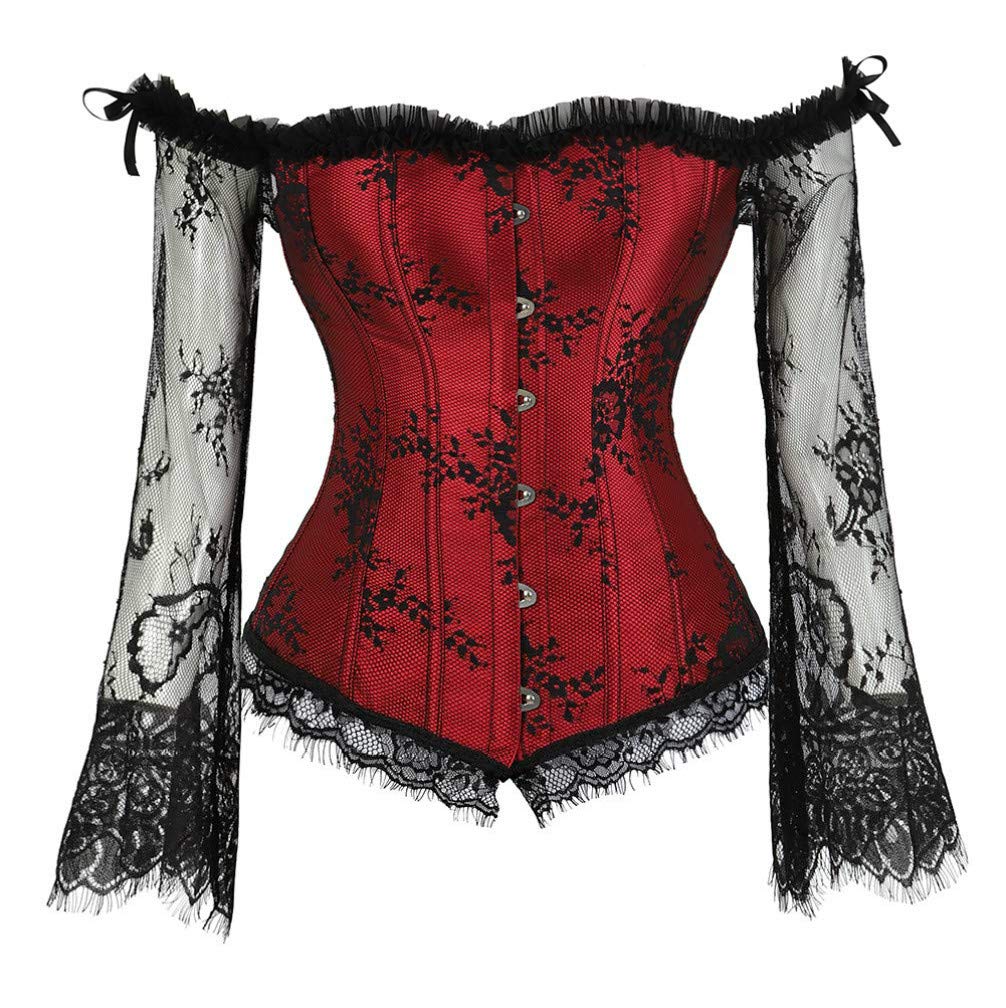 KelvryWomen Sexy Basque Off-Shoulder Lace up Boned Bustier Overbust Corset Tops with Long Sleeve