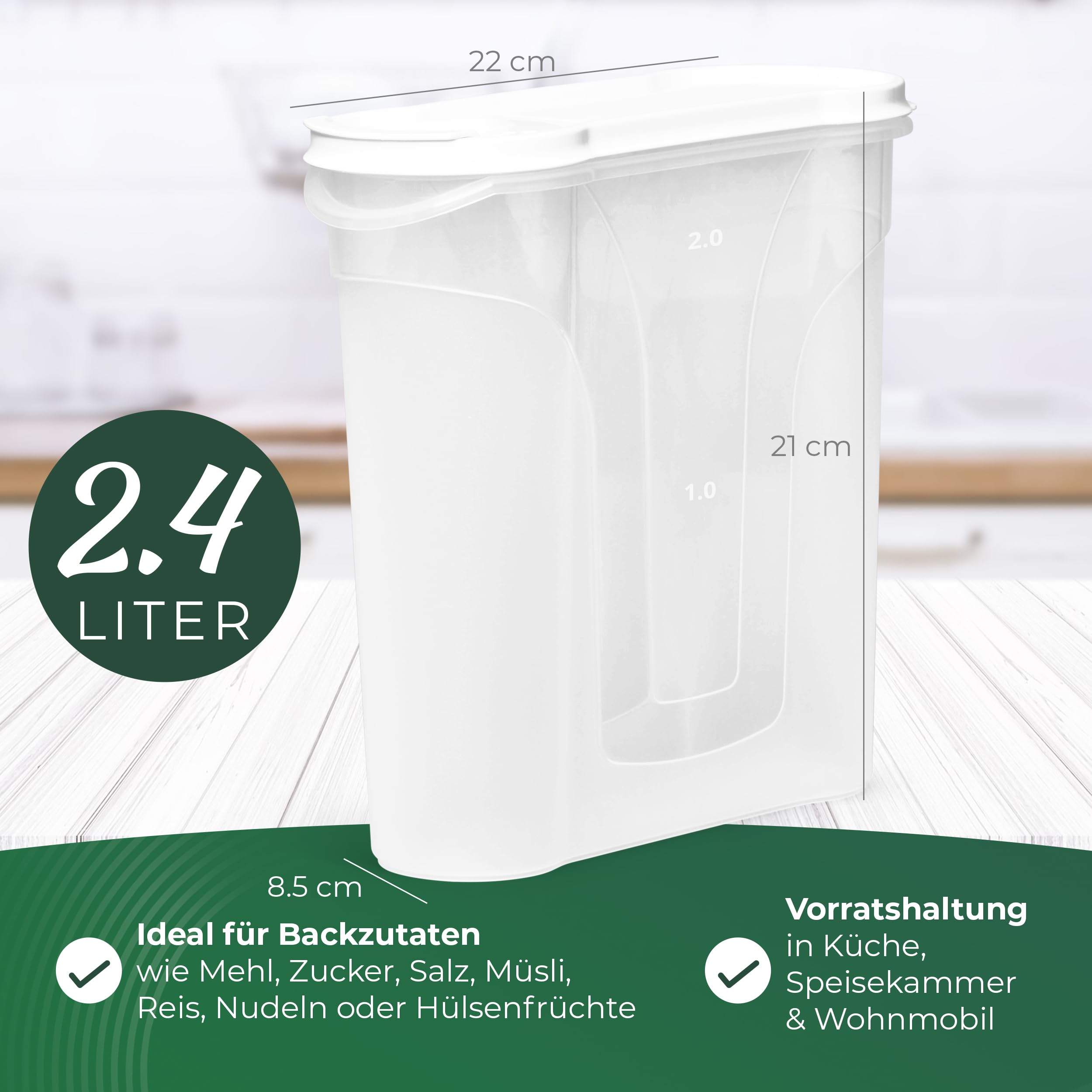 Novaliv Juego de 6 botes de almacenamiento para espolvorear 2,4 litros – Dimensiones (largo x ancho x alto): 22 x 21 x 8,5 cm – Lata con tapa de 2 l para cereales, harina, azúcar, latas de cocina,