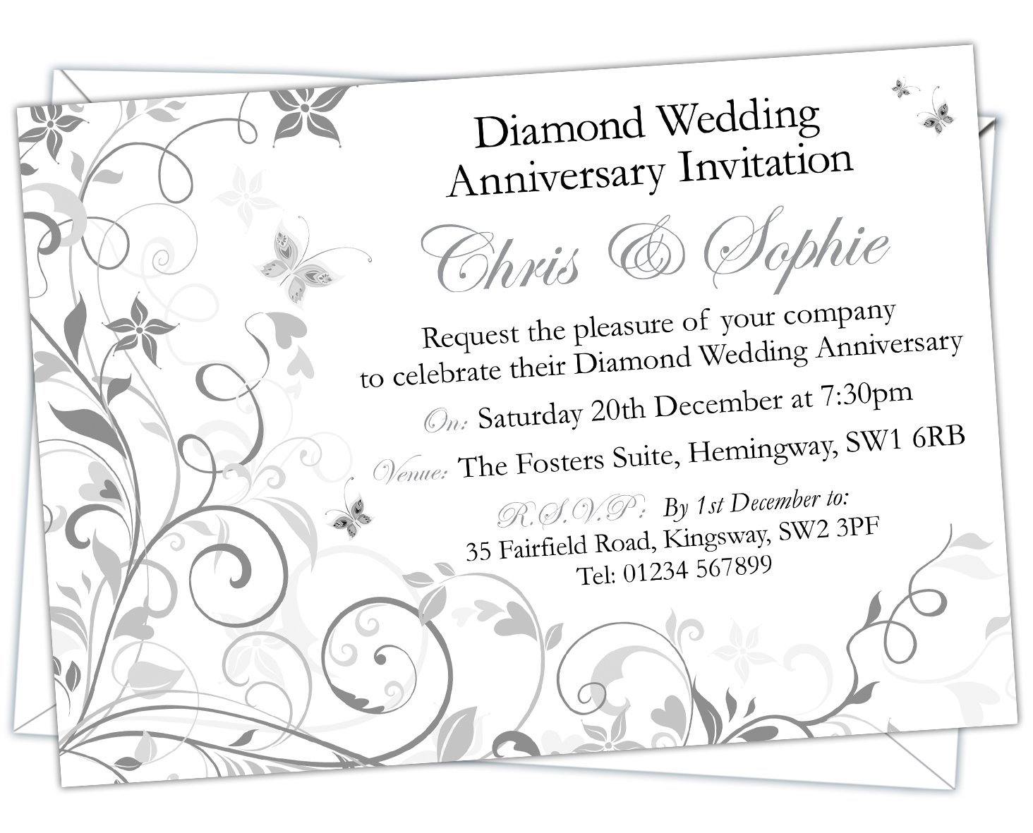 Personalised Diamond Wedding 60th Anniversary Invitations (Design Code:DWA 006) (Pack of 32)