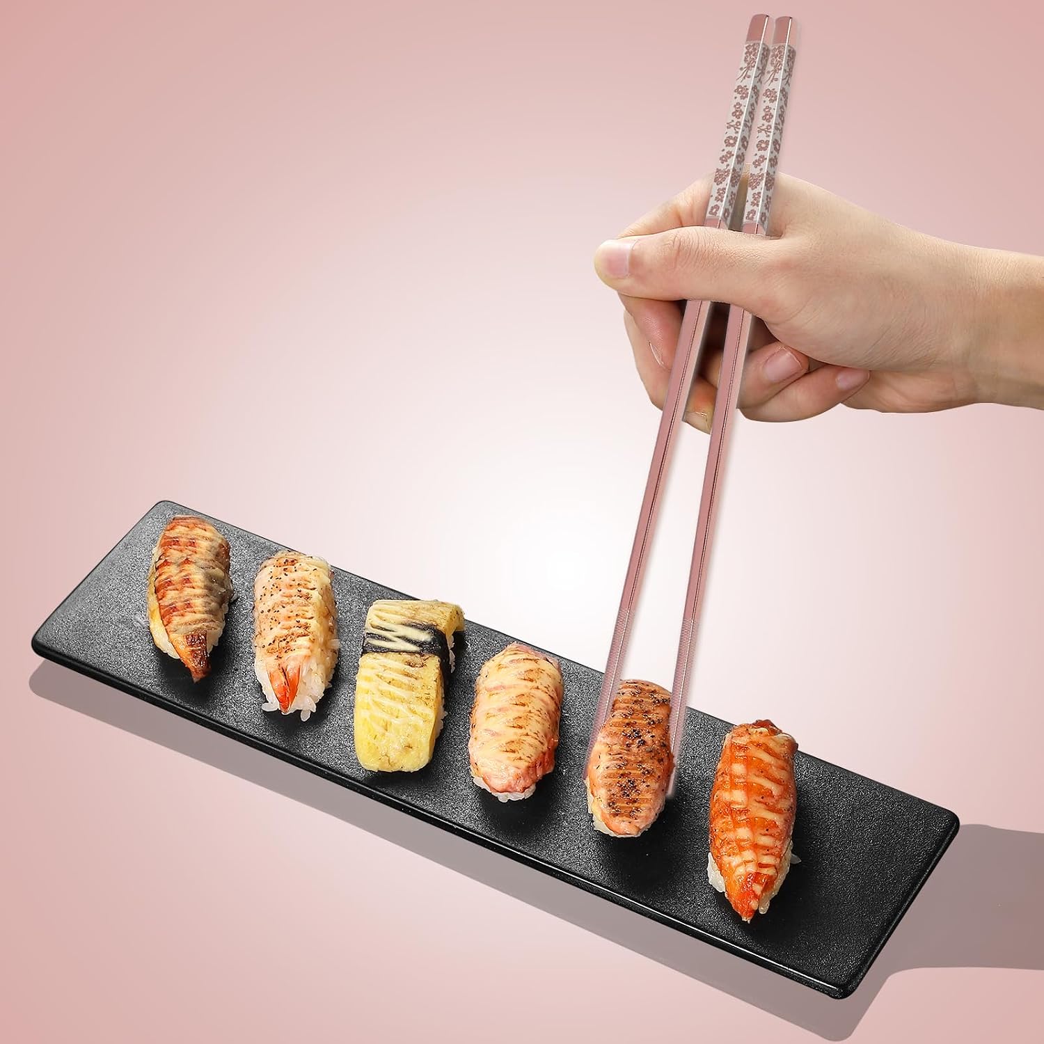 Chopsticks Reusable 18/8 Stainless Steel Chopsticks Pink Sakura Laser Engraved Metal Chop sticks Non-Slip Dishwasher Safe Japanese Korean Chopstick for Cooking Eating 5 Pairs Premium Gift Set