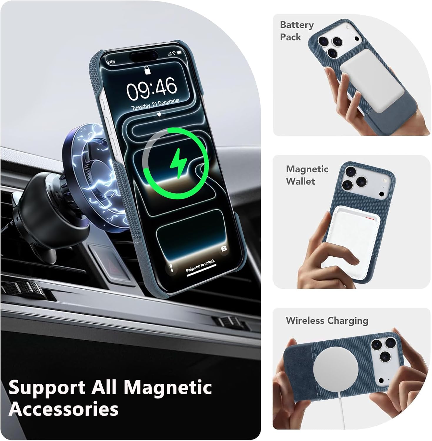 SOKAD Leather Case for iPhone 17 Pro Compatible with Magsafe, Vintage Elegant Design for Men Women, Thin Slim Half-Wrap Anti-Slip Protective Phone Case for iPhone 17 Pro 6.3", Blue