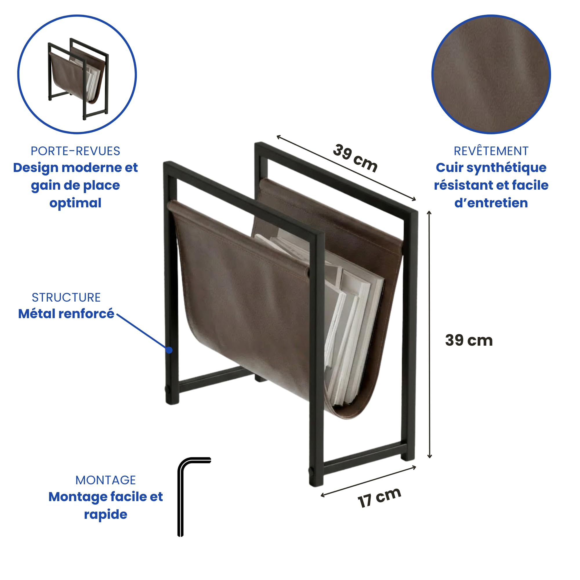 EMIDECO Porte-revues métal noir cuir marron foncé – Range magazines design moderne – Support journaux livres – Rangement gain de place salon bureau – Porte magazine élégant