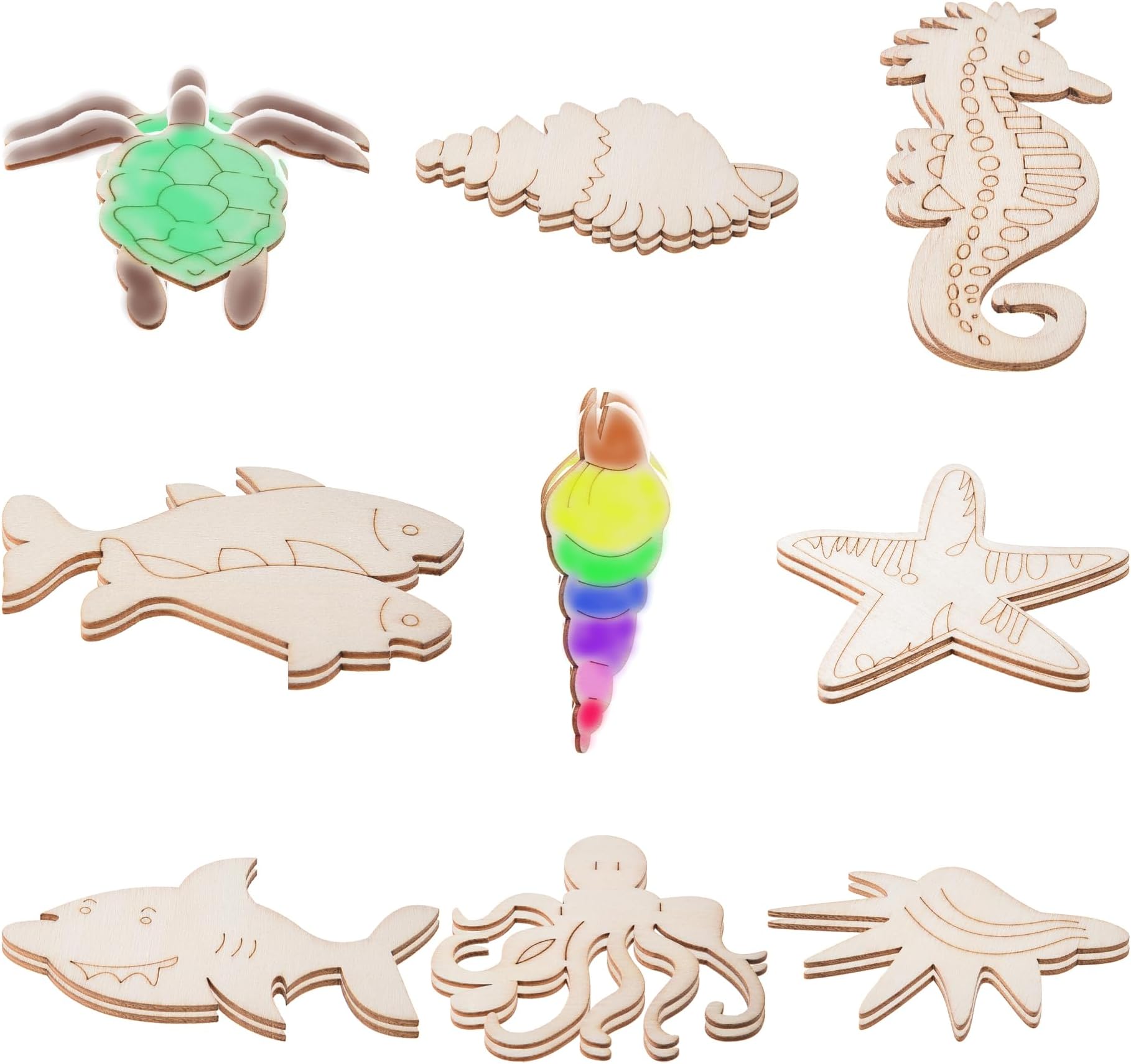 54PCS Unfinished Blank Wooden Cutouts Craft for Kids,Suit for Children's Painting DIY Room Decoration Gift Giving Surprise (54Ocean)