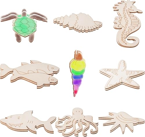 Recortes de madera en blanco sin terminar para niños, traje para pintura infantil, decoración de habitación, regalo sorpresa (54 océanos)