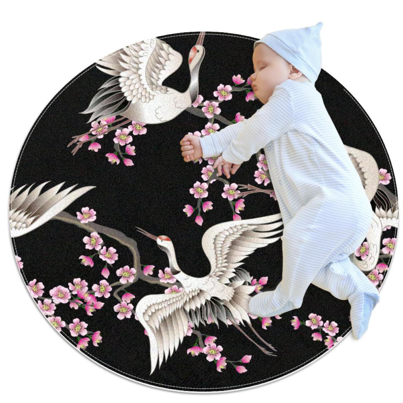 Tapis de jeu pour enfants fleurs de cerisier grues japonaises rond