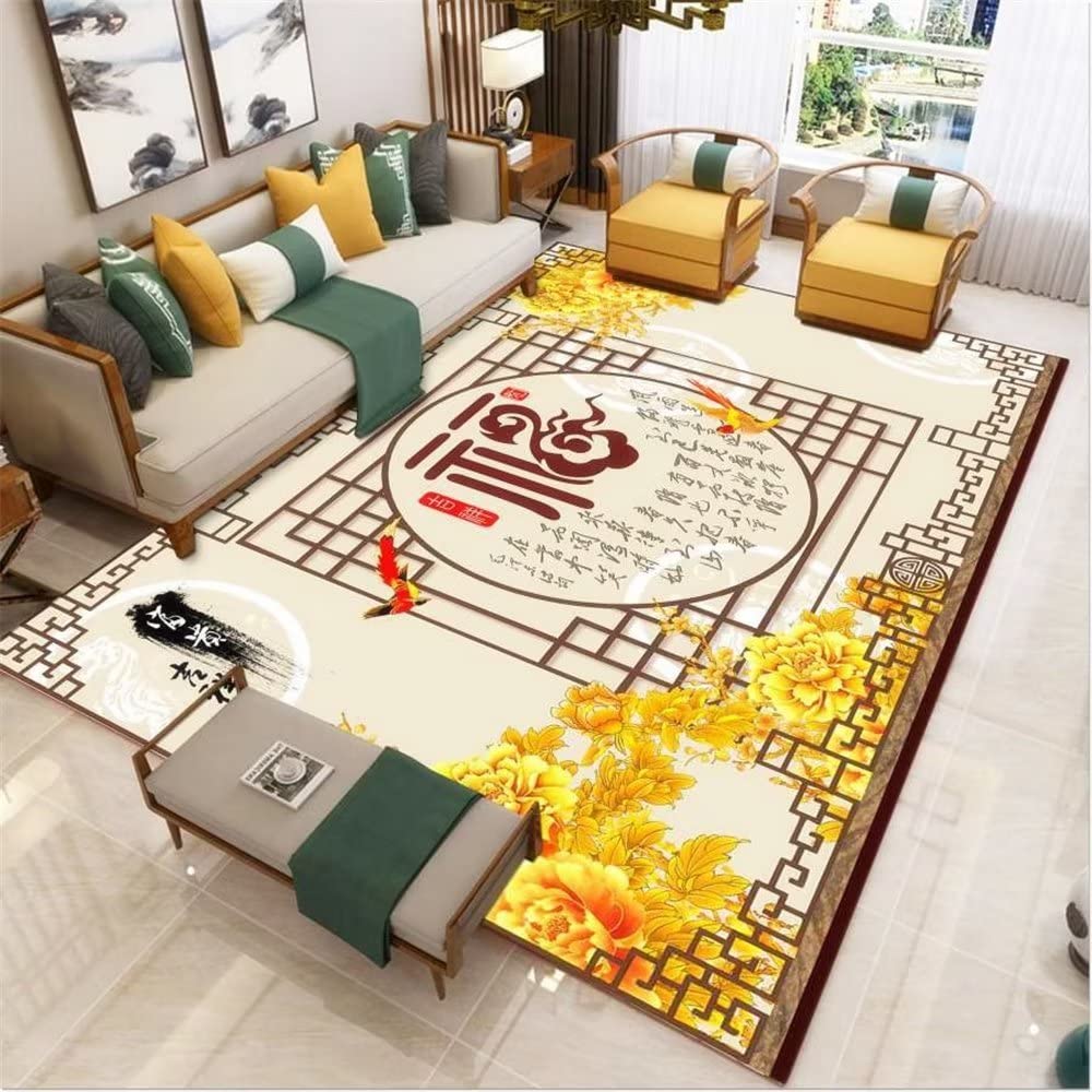 Tapis de salon jaune à motifs fleurs rétro 120x160cm pour salle à manger