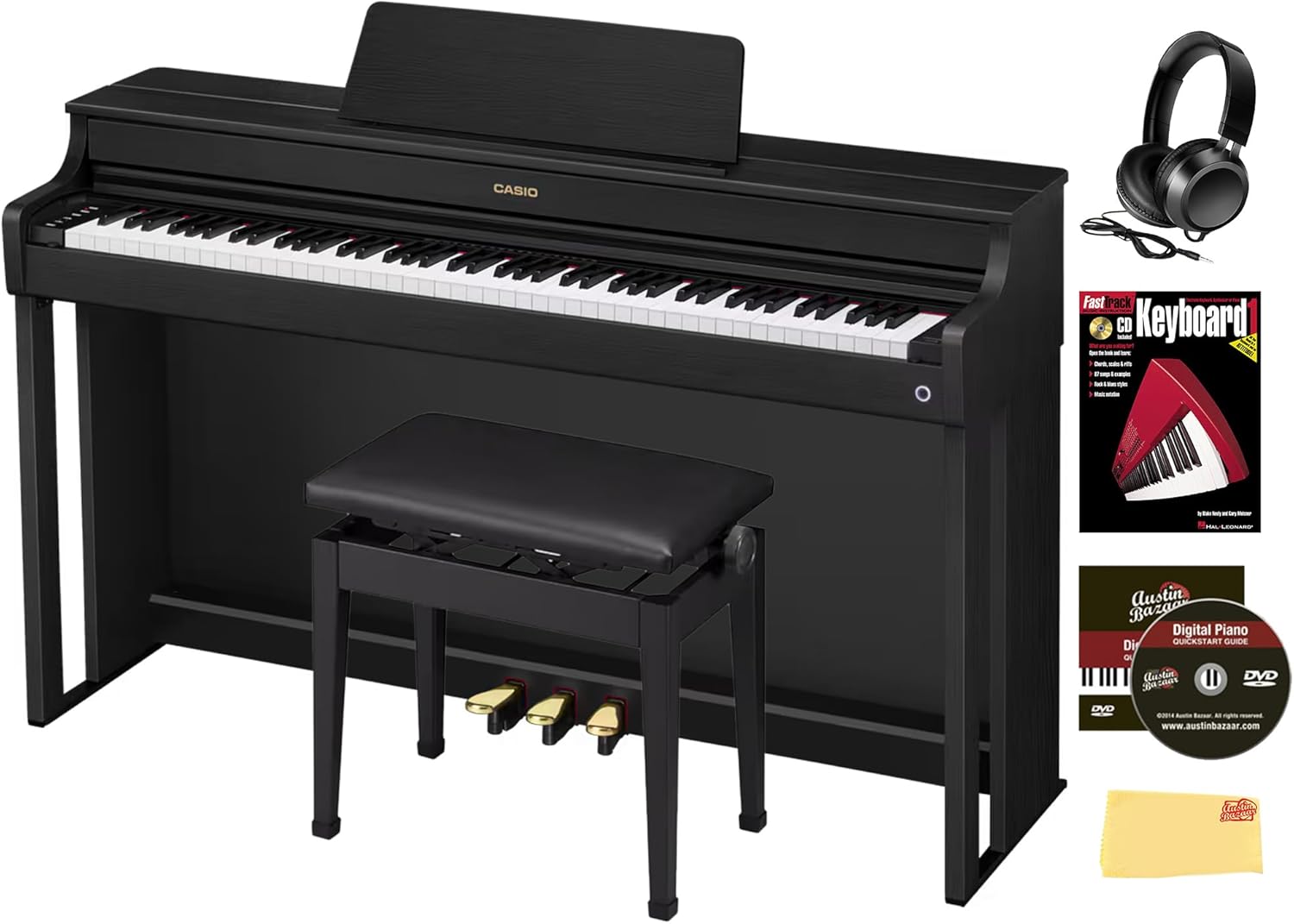 Casio AP-300 CELVIANO 88-Key Digital Piano - Black Bundle with Furniture Bench, Headphones, Instructional Book, Austin Bazaar Instructional DVD, and Polishing Cloth