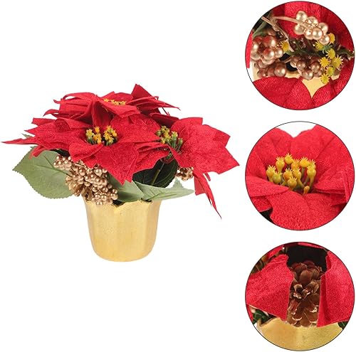 Miniatura 9 de VILLCASE Planta de Pascua roja de Navidad en maceta, flores de Pascua artificiales en jarrón, bayas de pino, decoración de bandeja escalonada de