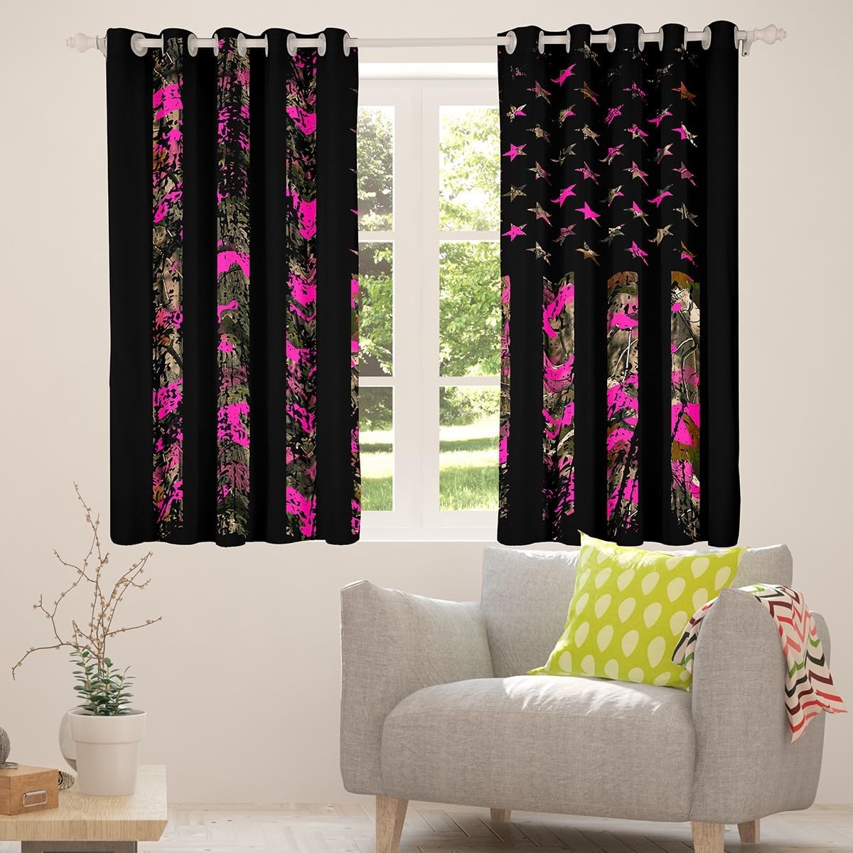 Feelyou Hot Pink Camouflage Room Darkening Blackout Curtain (2 Panels, 42 x 63 Inch) Camo Wild Curtains for Bedroom Living Room Women Men Wild Hunting Blackout Curtains Military Style