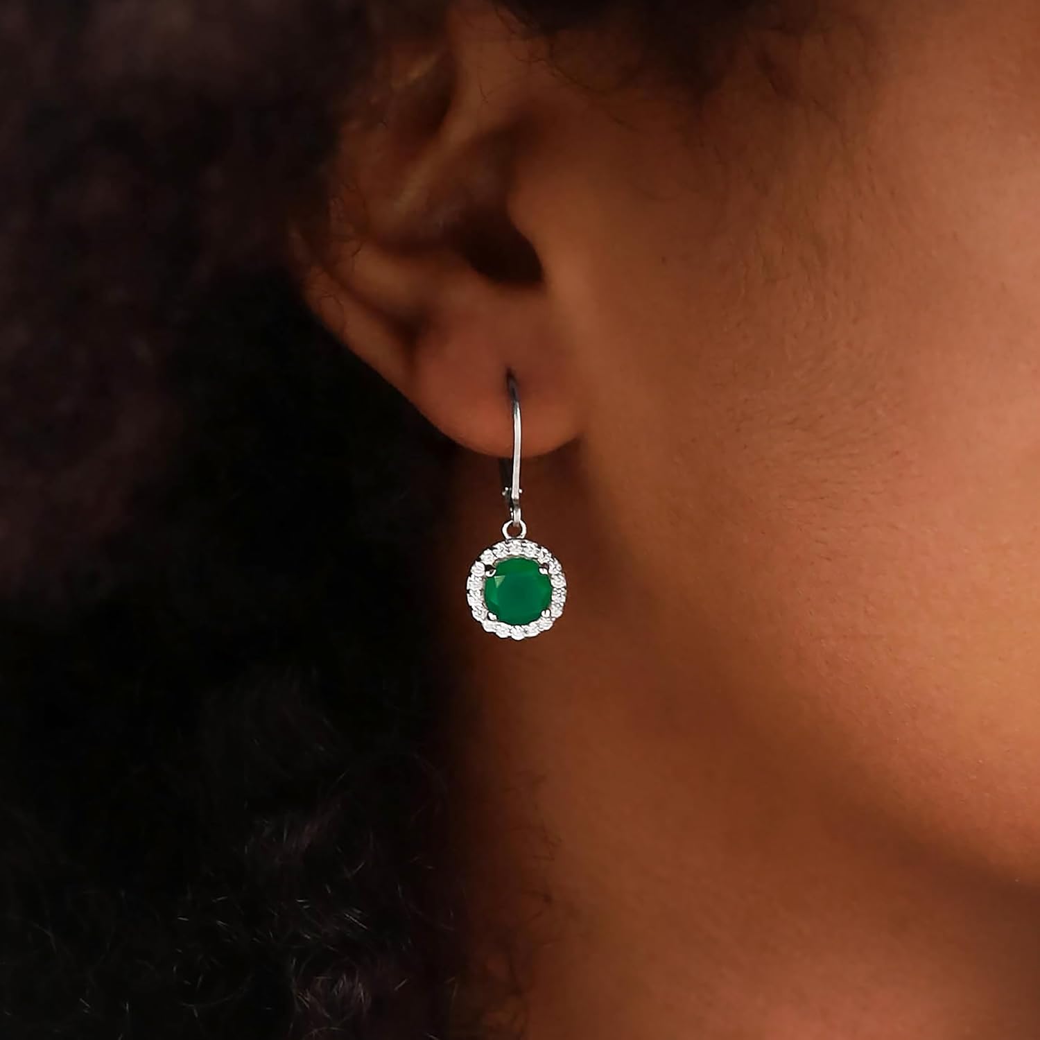 Silvershake 7MM Round Shape Birthstone Gemstone White Gold Plated or Yellow Gold Plated 925 Sterling Silver Halo Leverback Dangle Earrings Jewelry for Women Business Attire