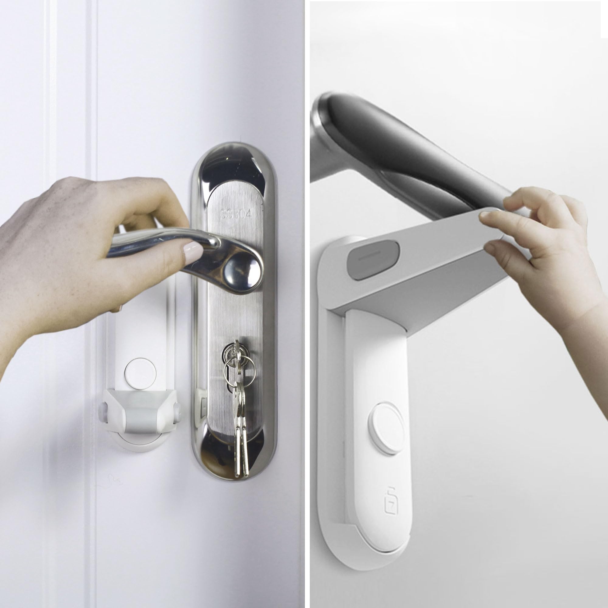 Moonybaby Cerradura de la manija de seguridad para niños, Fácil de instalar, Simple para operar, Sin herramienta, Adhesivo de alta resistencia(3M VHB), Sin residuos(2 Piezas)