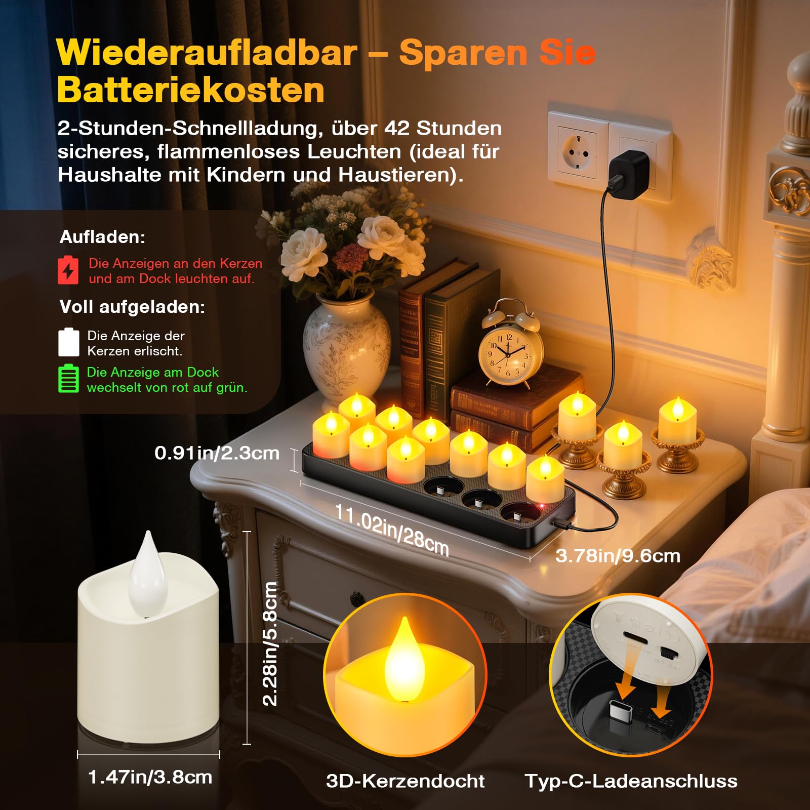 Yme 12 Stück LED Aufladbare Teelichter mit Ladestation und Fernbedienung | Lange Laufzeit Wiederaufladbar Kerzen Flackernd Dimmbar mit Timerfunktion für Halloween Weihnachten Party Deko Zimmer