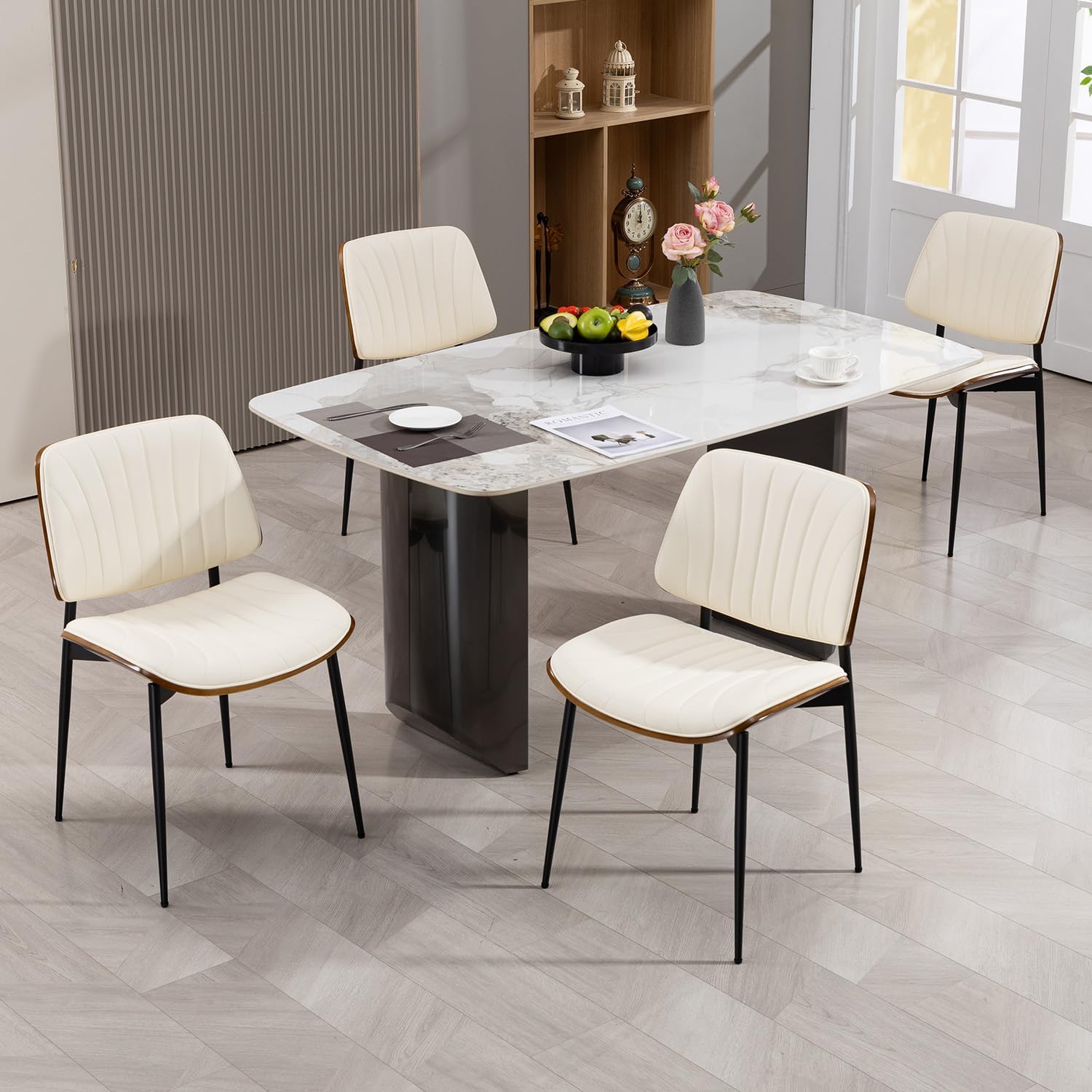 AVAWING Walnut Dining Chairs Set of 4, Mid Century Modern Dining Chairs PU Leather Upholstered Kitchen Chairs with Walnut Bentwood Back & Metal Legs for Dining Room, Kitchen, Living Room, Beige