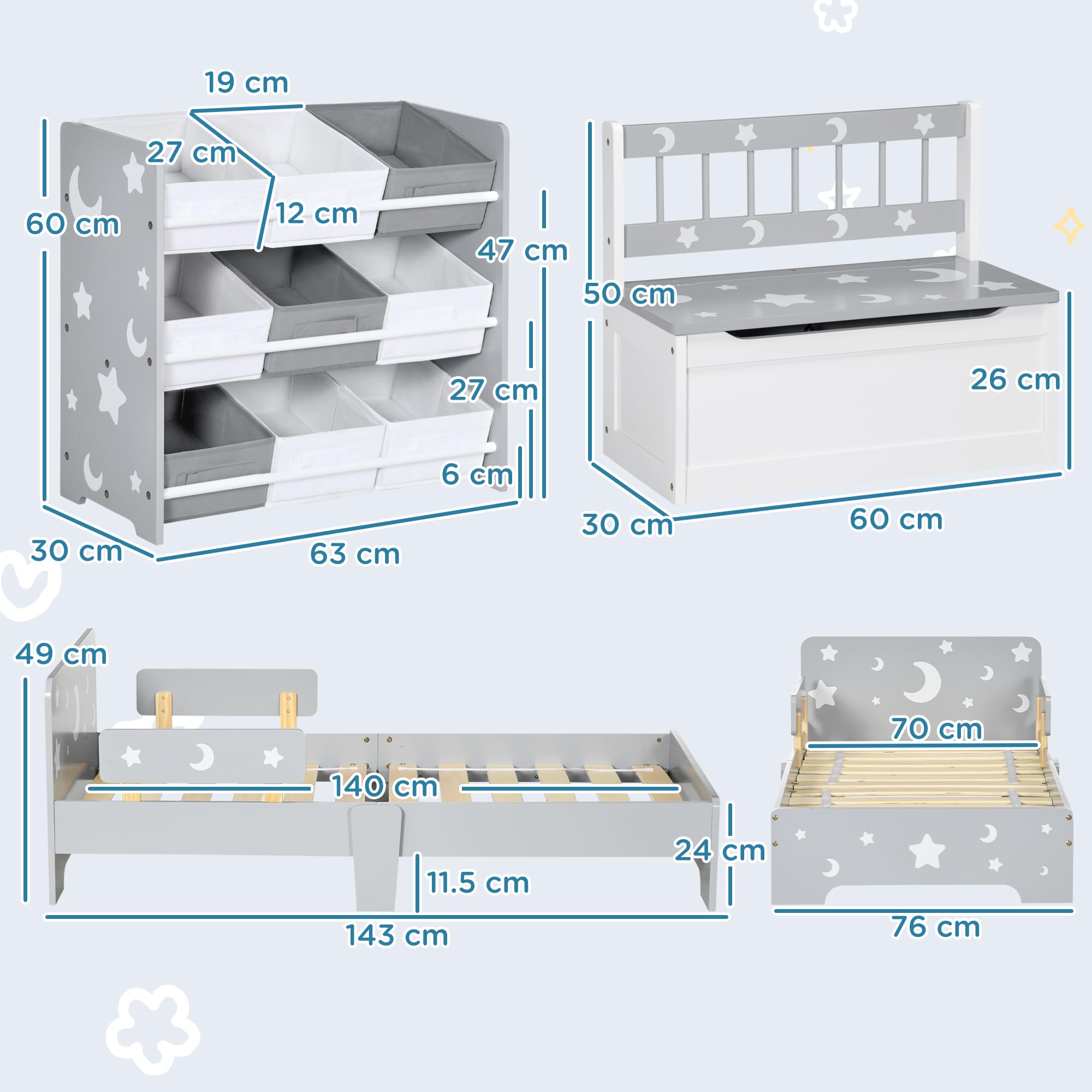 ZONEKIZ Set per Bambini 3-6 Anni con Lettino 143x76x49 cm, Mobile Portagiochi 63x30x60 cm e Cassapanca 60x30x50 cm, Grigio