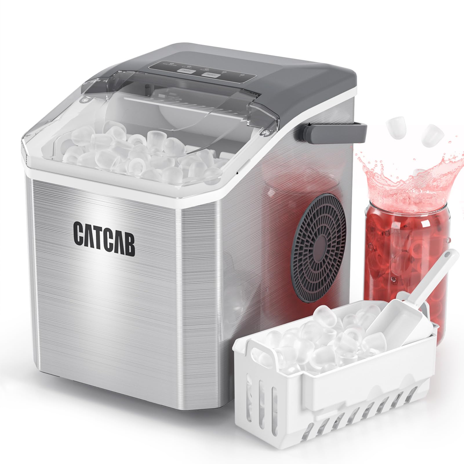 CATCAB - Máquina para hacer hielo de encimera con asa, 9 cubitos de hielo en 6 minutos, 26,5 lb, 24 h, 2 tamaños de balas de hielo, limpieza automática, portátil, para el hogar, cocina, fiesta, RV, camping, acero inoxidable plateado
