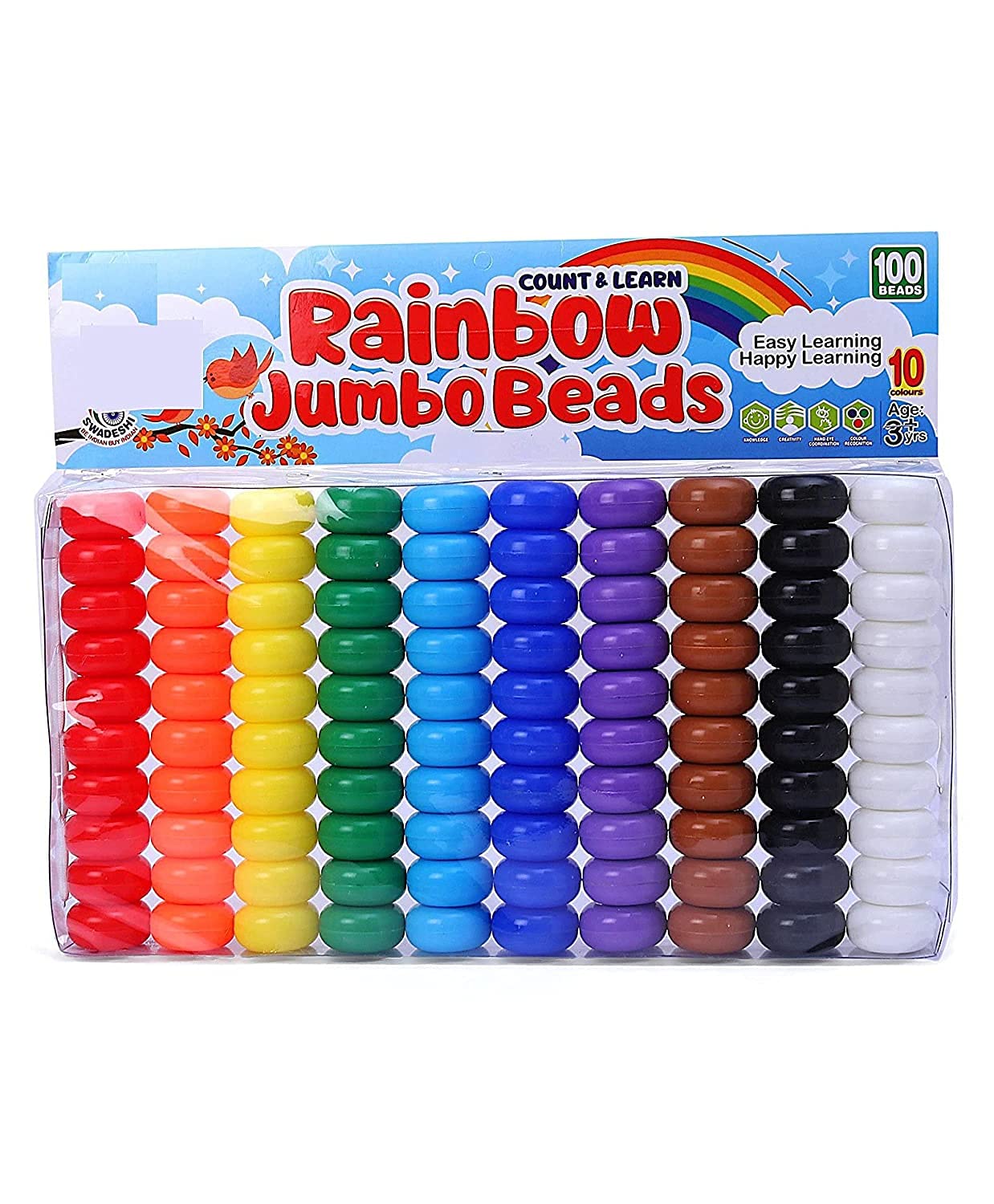Trade Zone Educational Count & Learn Rainbow Jumbo Beads with 100 Jumbo Beads & 2 Threads for Toddlers Kids (Multi Color)