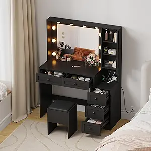 GarveeHome Makeup Vanity Desk and Stool, Vanity Desk with Lights & Charging Station, Drawers and Hidden Storage Shelves