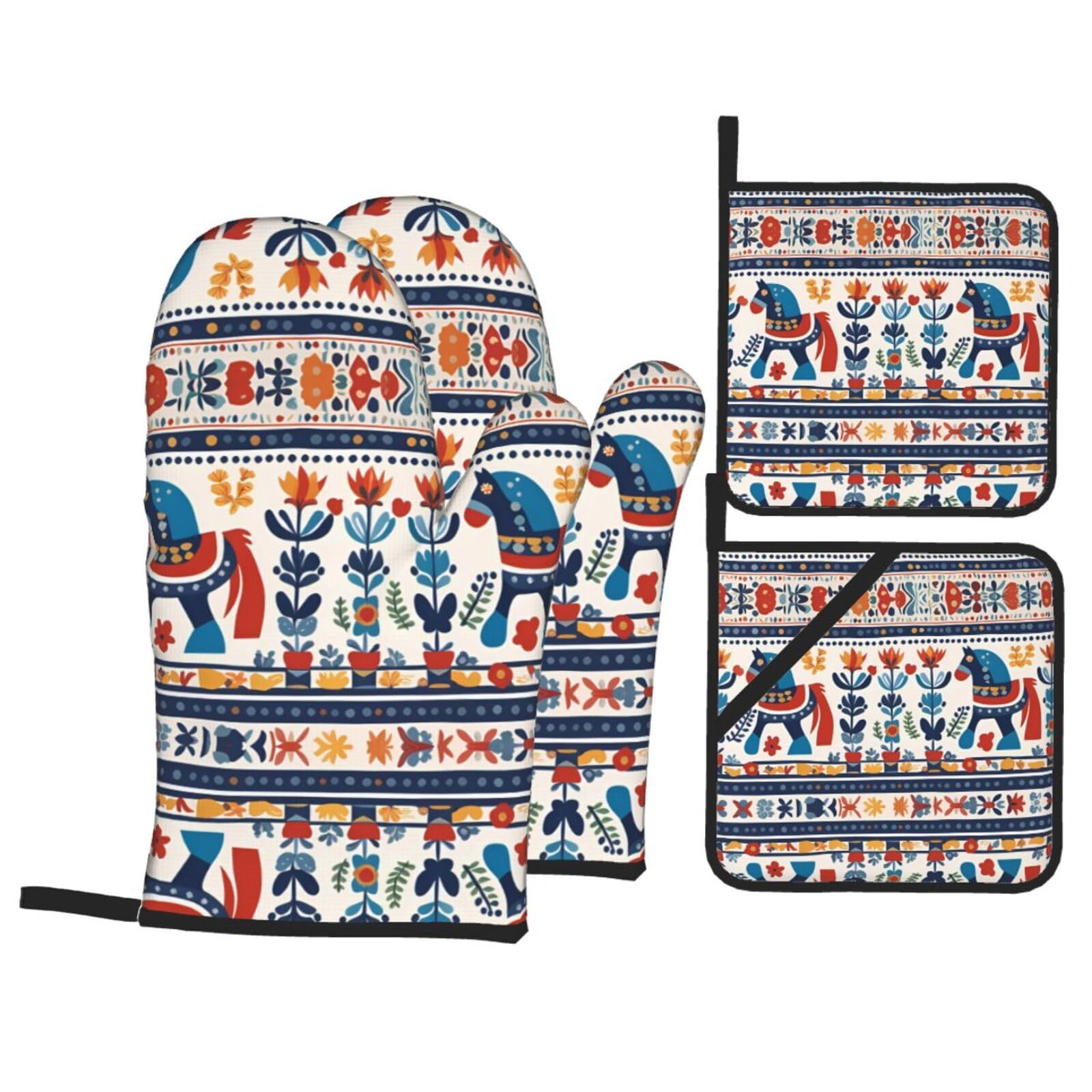 Yyhwhjde Black Swedish Dala Horse Folk Prints Kitchen Baking Set, Oven Gloves, Thickened And Insulated Four Piece Suit