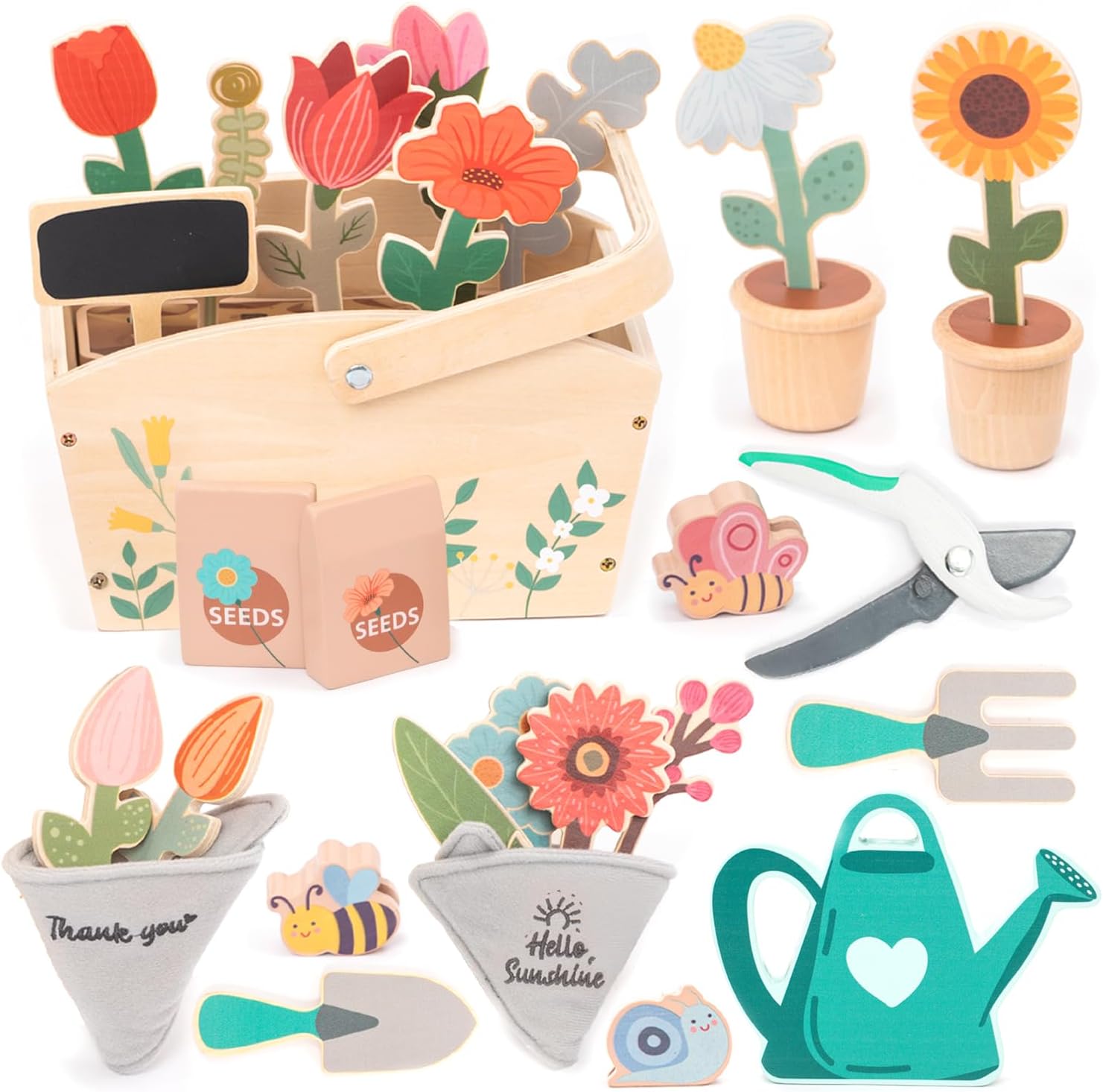 umu® Wooden Garden Play Set – 30 Pcs Kids Gardening Toy with Watering Can Shovel Rake Basket & Accessories – Outdoor Pretend Play Tool Set for Boys & Girls Ages 3 4 5 6