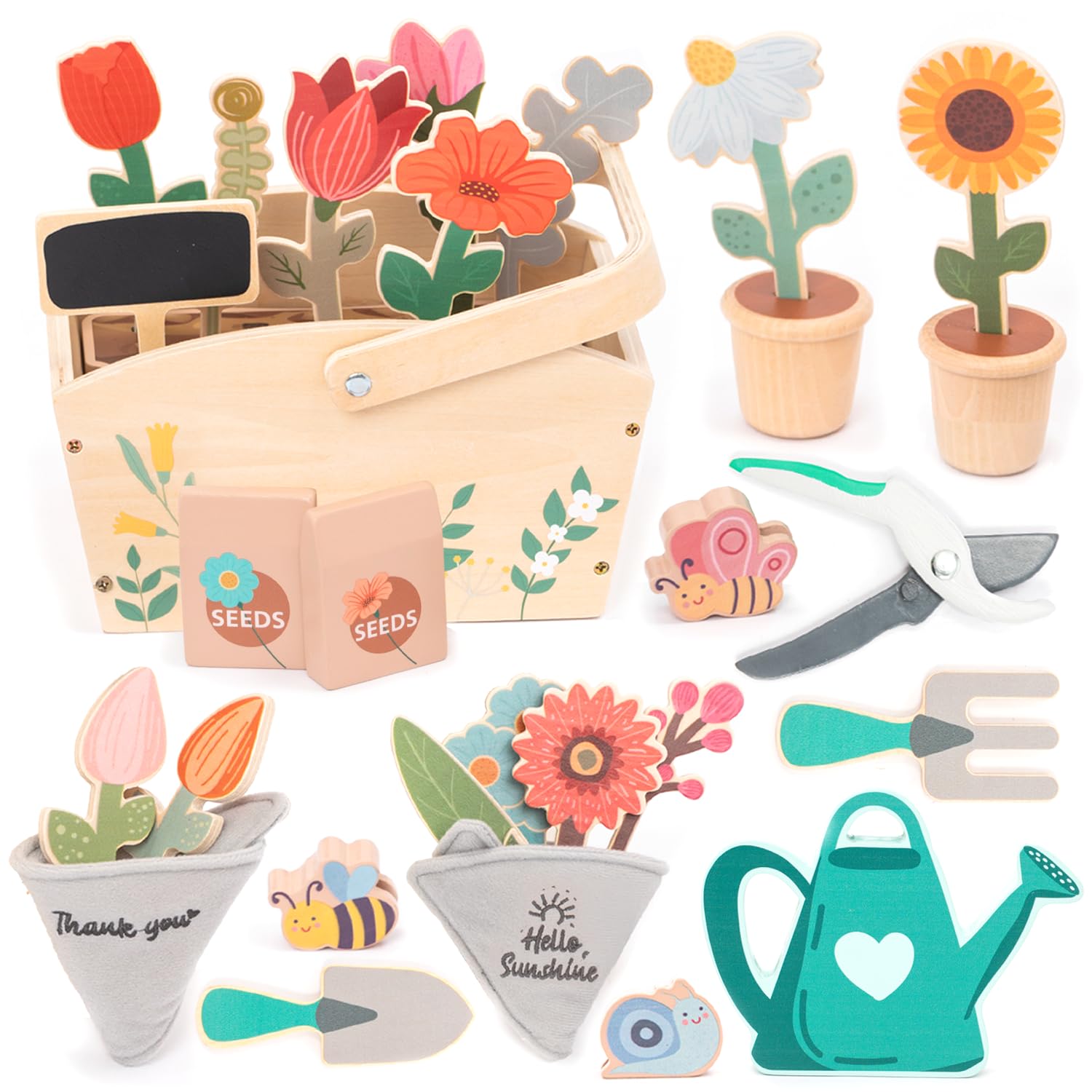 umu Wooden Gardening Set for Kids 30-Piece Pretend Play Garden Toy with Watering Can, Shovel, Rake & Tools Montessori Learning Toy for Boys and Girls Ages 26