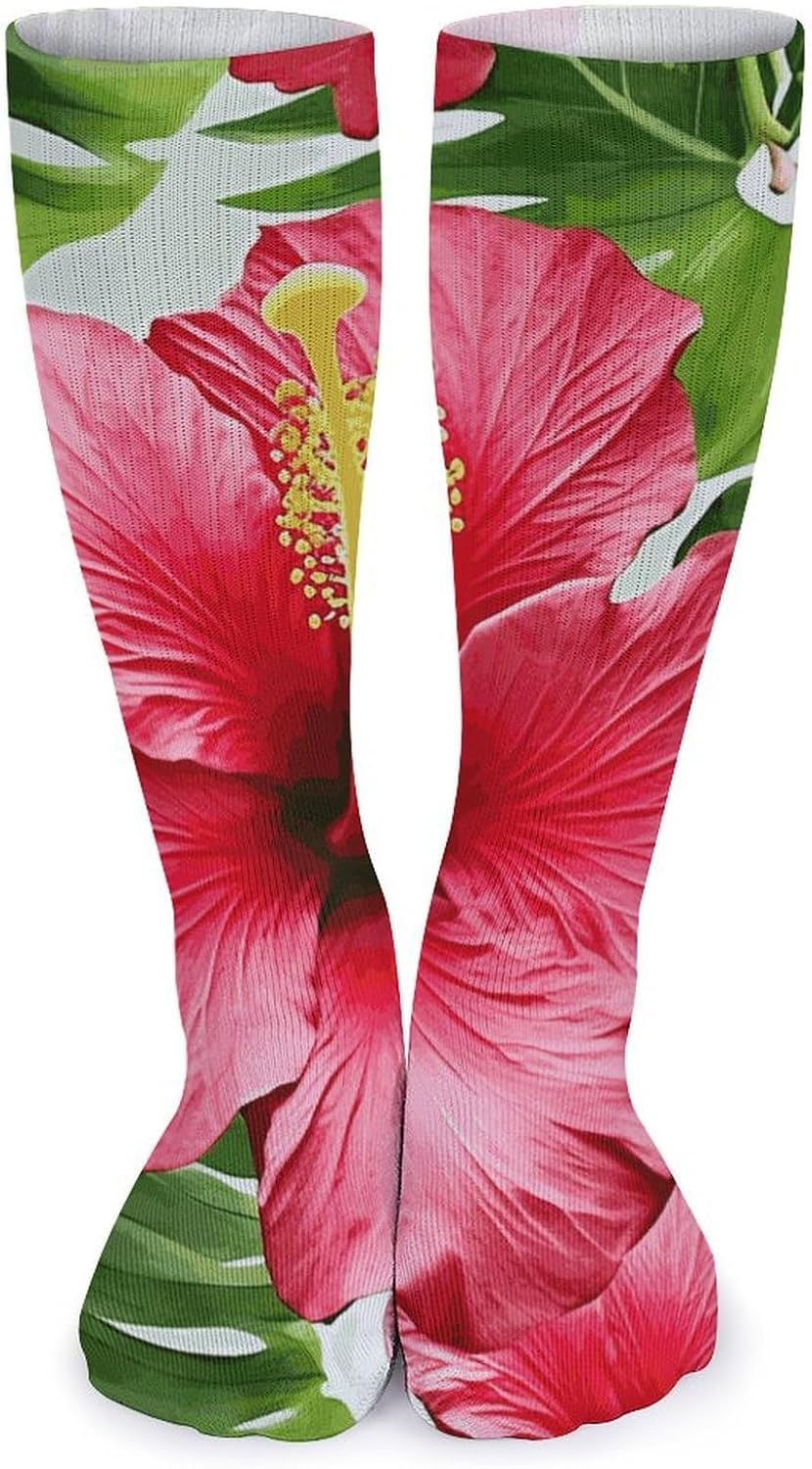 Breathable Crew Sock, Moisture Wicking, Athletic Calf Socks, Cozy | Hibiscus Flower Compression Socks for Women Men, Lightweight High Work Socks for Business, Casual