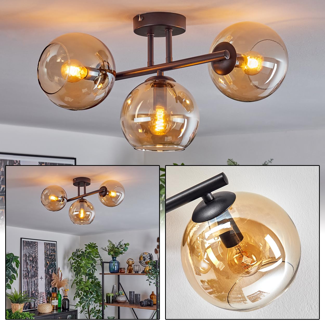 HOFSTEIN Deckenleuchte Koyoto, 3-flammige Deckenlampe aus Metall/Glas in Schwarz/Bernsteinfarben, Leuchte im Retro/Vintage-Design (Schirme Ø 15 cm), E14, Esszimmer, Wohnzimmer, Küche, Flur