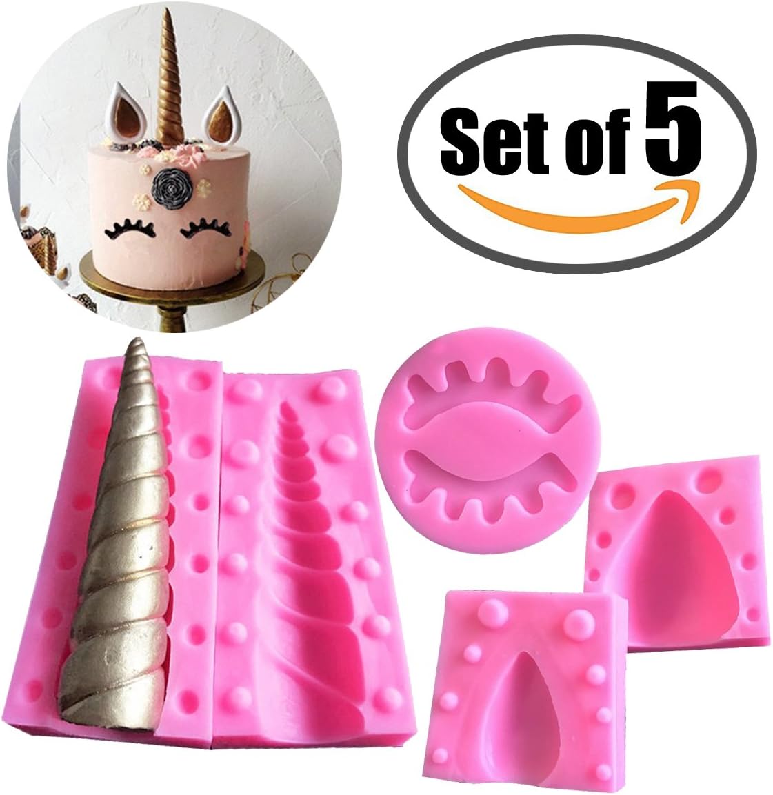 Unicorn Cake Topper Mold Fondant Cake Decoration Silicone Unicorn Horn Ears and Eyelash Moulds for Baby Shower / Wedding / Birthday Party (Pink)