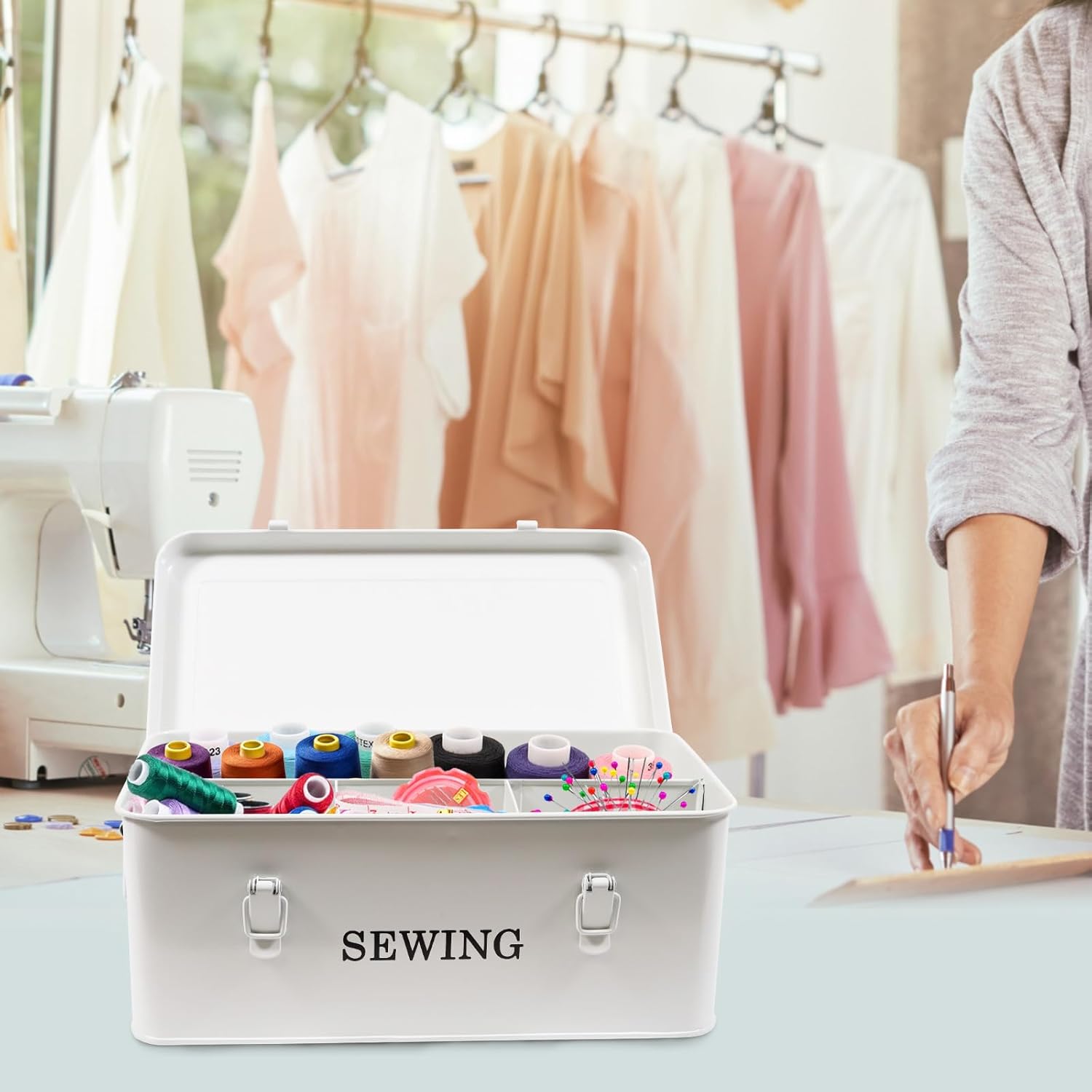 Sewing Box, Sewing Organizer Box Metal, Sewing Kit Storage Box, Sewing Supplies Case with Safety Locks, 4 Compartments Sewing Basket, Sewing Storage Box for Thread, Scissors & Pins (White)