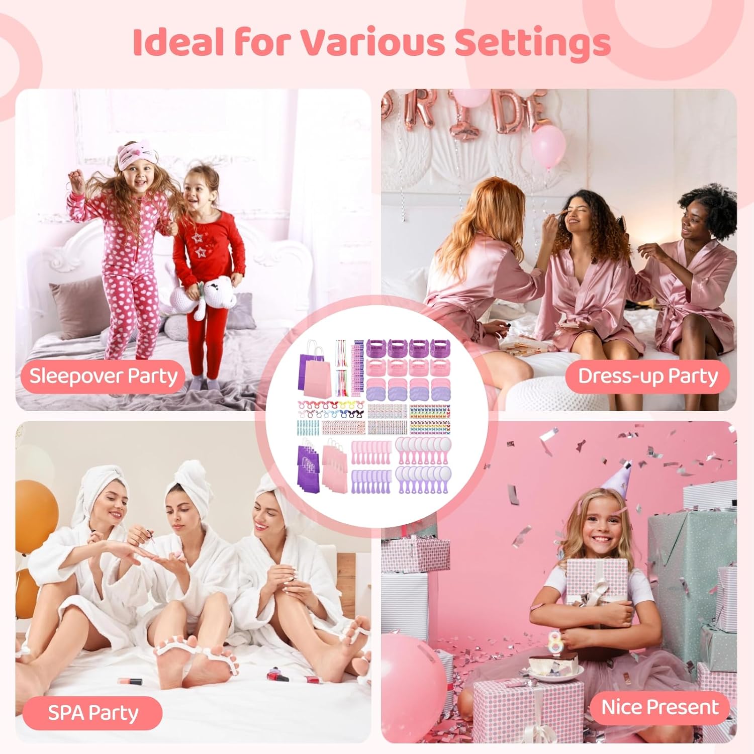 196 Pcs Spa Party Supplies for Girls Multiple Spa Party Favors for Kids Pink Braid Clip Eye Mask Mirror Comb Emery Boards Toe Separator Hairband Nail Sticker Tattoo Sticker Spa Party Favors