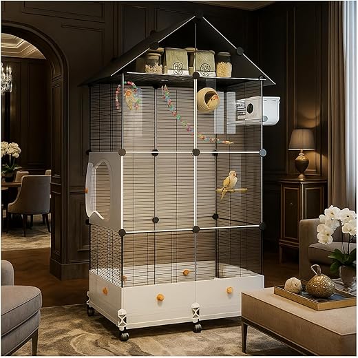 60in Large Flight Bird cage, Equipped with Bird's Nest，Ladder, Swing, Feeder, etc. with Wheels for Easy Outdoor Movement, Suitable for Parrots, Pigeons (Black, 28.4" L x 14.2" W x 60" H)