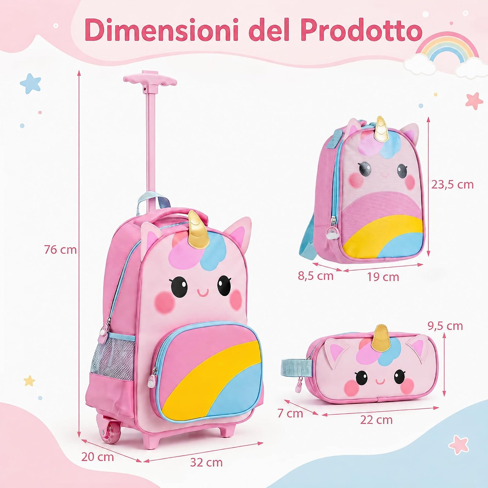 COSTWAY Set di 3 Zaini con Ruote per Bambini 3+ Anni (Modello 2) | 3 in 1 Zaino Trolley da Scuola con Borsa per Pranzo e Astuccio per Matite, Maniglia Retrattile e Portabicchieri Laterale