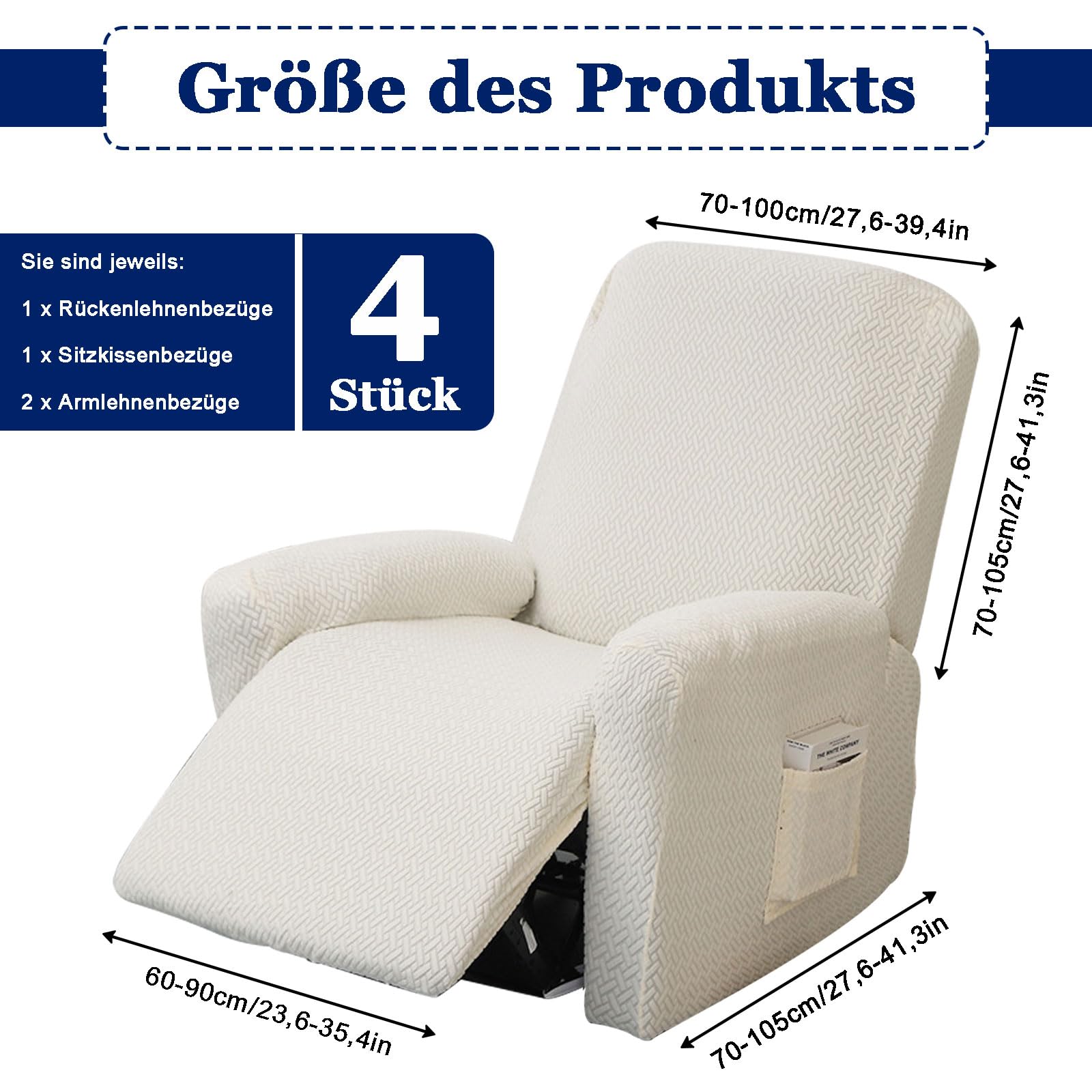 Fodere per poltrona, 4 pezzi, elasticizzato, con tasche, lavabile, elasticizzato, per poltrona relax (beige)