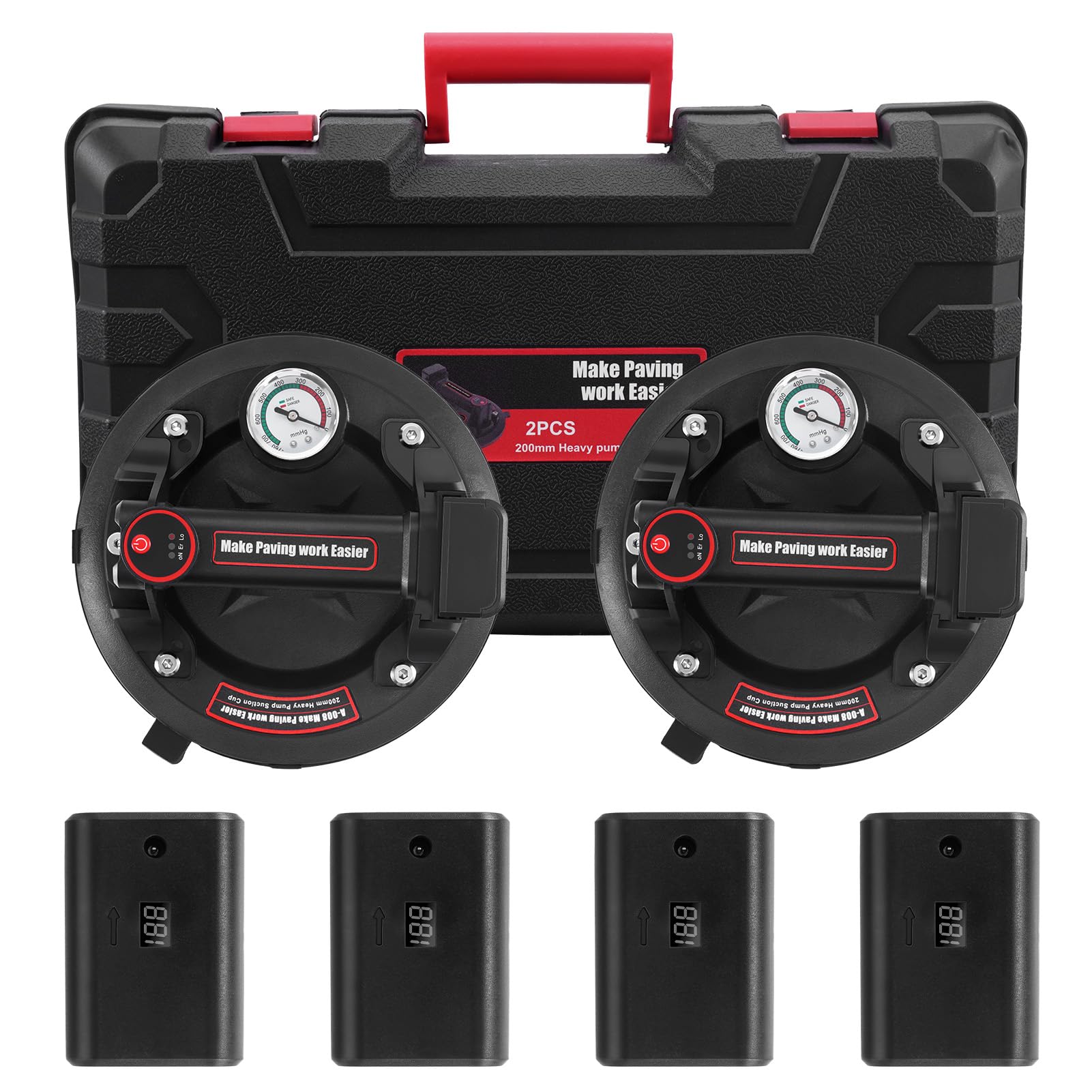 Juego de 2 ventosas de 8 pulgadas, 2 en 1, aspirador de cristal con 4 baterías de 3000 mAh, pantalla LCD, elevador de succión eléctrico, capacidad de carga de 200 kg, elevador de cristal al